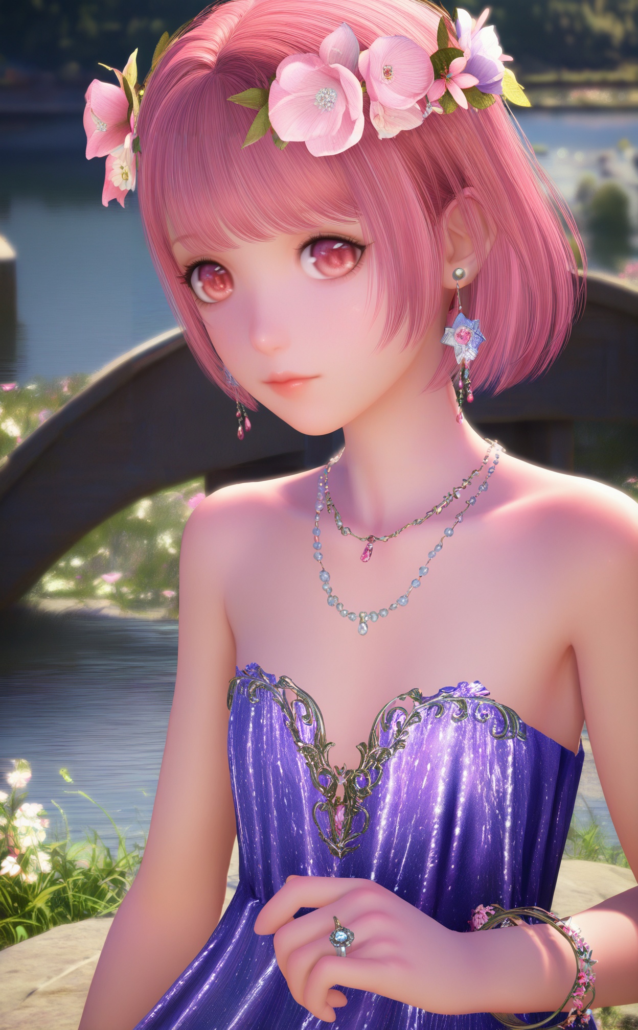masterpiece,very aware,highres,absurdres,newest,best quality,loli,petite,high quality,chromatic_aberration,//,nuannuan, 1girl, jewelry, solo, flower, looking_at_viewer, necklace, bracelet, short_hair, earrings, river, dress, strapless, strapless_dress, outdoors, upper_body, bare_shoulders, hair_ornament, pink_hair, hair_flower, ring, pink_eyes, bridge, head_wreath, water, purple_dress, closed_mouth, hand_up, bob_cut, lips, pink_flower, blurry, red_eyes, blurry_background, collarbone//,realistic,//,<lora:nuannuan2——【noob】hans:1>,