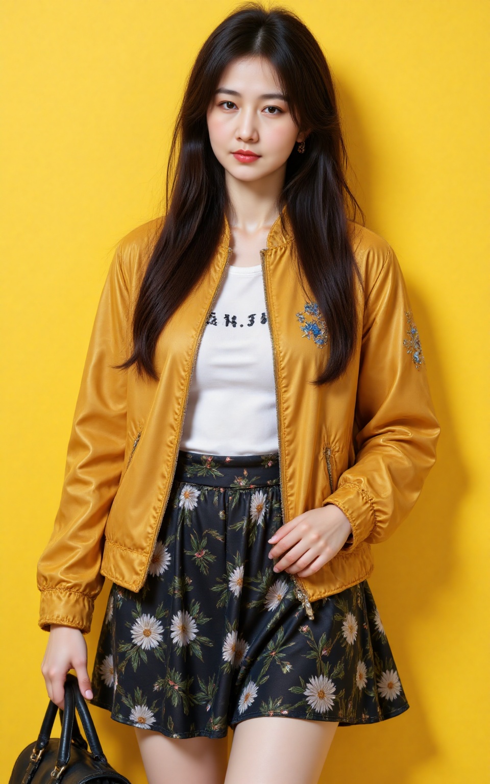 RUNYAN, RUNYAN Asian woman with long dark wavy hair wearing mustard yellow bomber jacket with floral embroidery white **** top and black floral skirt. She stands against a bright yellow background with a black handbag in her hand. 