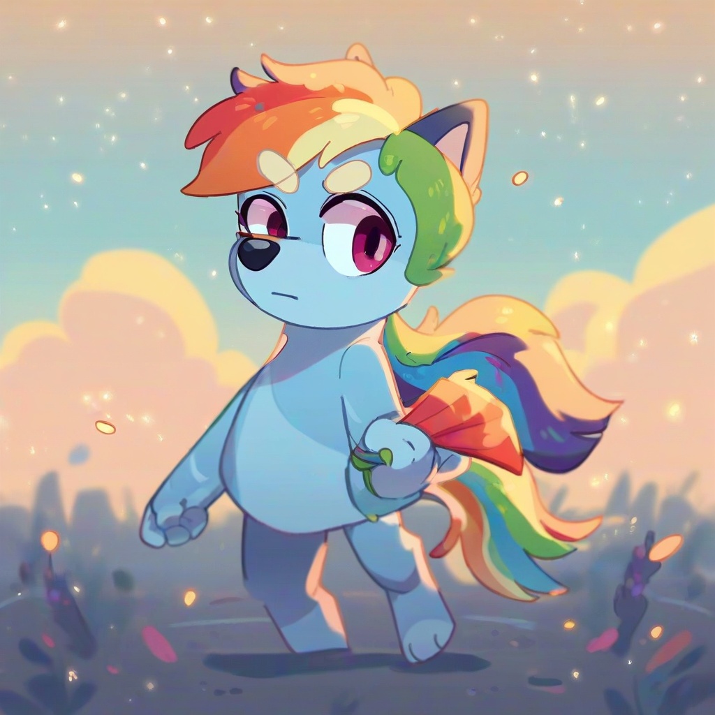 safe_pos, score_9, score_8_up, score_7_up, score_6_up, score_5_up, score_4_up, source_furry, hi res, blurred background, particles, solo, Rainbow Dash, looking at viewer, closed mouth, Bluey style
