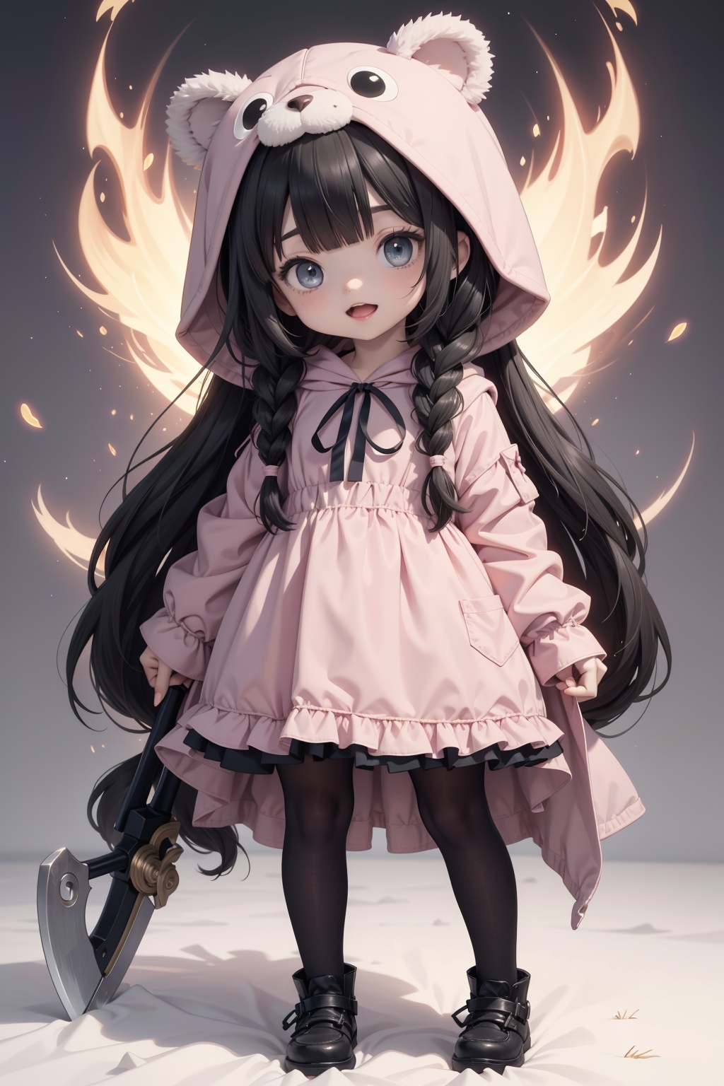 .,(loli:1.5),(5yo:1.5),(very_long_hair,:1.3),(masterpiece),(bestquality),nai3,loli,1girl, twin braids, hood, blue eyes, long hair, braid, green hair, dress, axe, weapon, hood up, bangs, looking at viewer, open mouth, fire, stuffed toy, pantyhose, stuffed animal, ribbon, animal hood, pink dress, holding, bear, hooded jacket, explosion, smile, blunt bangs, red ribbon, neck ribbon, long sleeves, own hands together, holding axe, jacket, solo, standing, very long hair, teddy bear, coat