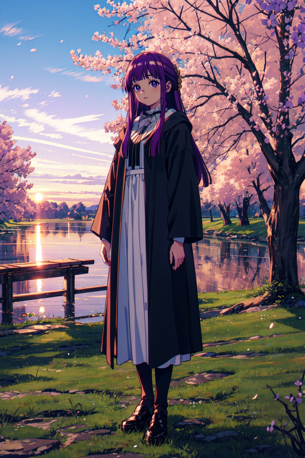 masterpiece,best quality,cinematic lighting,1girl,solo,full body,(looking at viewer:1.1),(standing:1.2),<lora:lora-000010.by_tusi:1>,Fern_SNF,purple hair,very long hair,blunt bangs,sidelocks,half updo,purple eyes,dress,white dress,robe,black robe,open_clothes,long sleeves,BREAKscenery,Sunset,Orange hues,Serenity,Coastal views,Cherry blossoms,Magnolia trees,Park benches,Afternoon,<lora:增强减少细节add_detail:0.5>,8k,ultra-detailed,