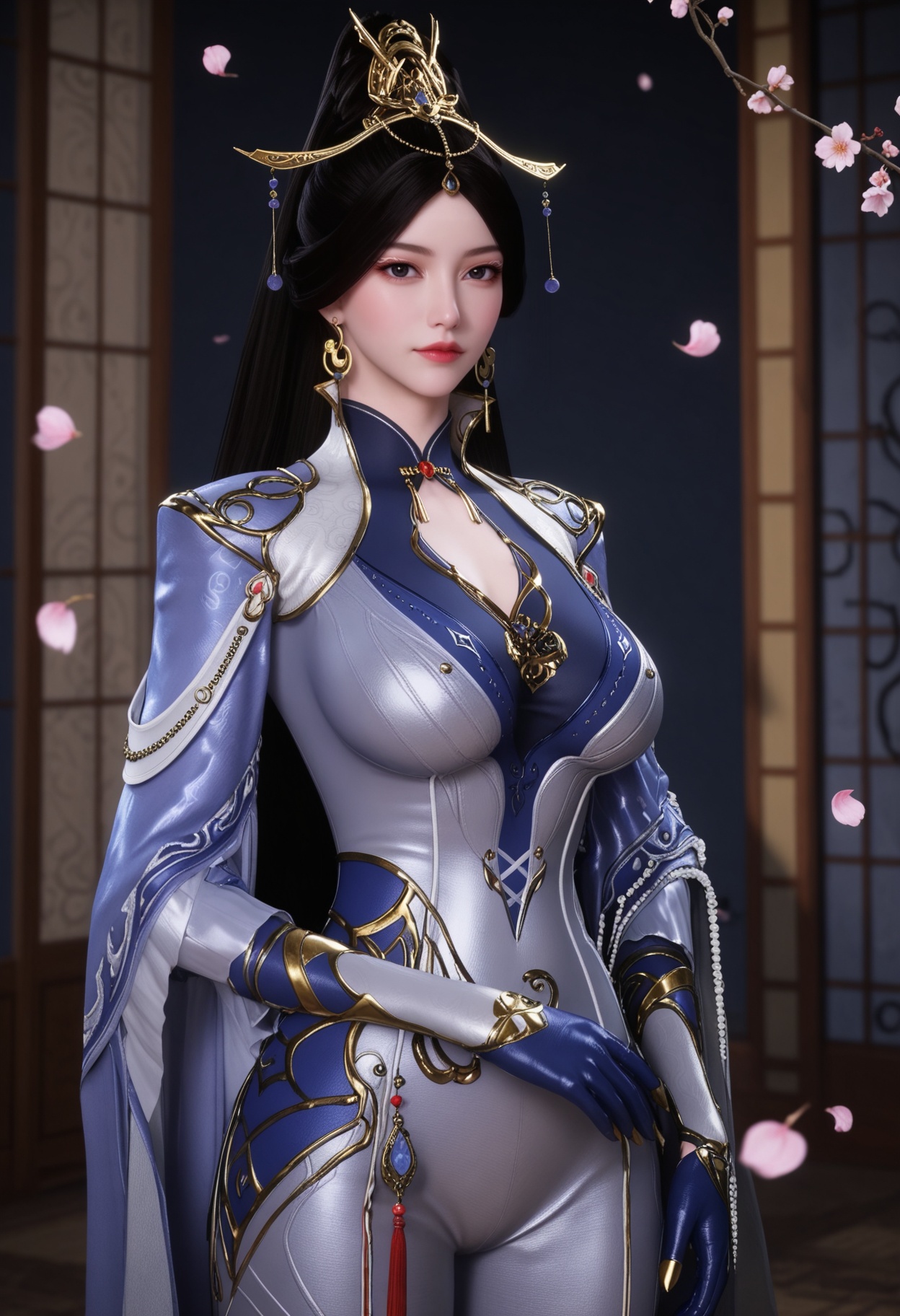 (cowboy shot:1.2),(gigantic breasts:0.6),Perky boobs,(looking at viewer:1.1),facing viewer,direct gaze,(masterpiece:1.1),(best quality:1.2),(intricate details),(smog:1.3),(Dark room:1.3),(dim lighting:1.3),peach blossom,falling petals,<lora:YQ_Illustrious光辉v5_秋清儿_V1:0.8>,1girl,q1528437228,solo,black hair,jewelry,earrings,long hair,hair ornament,ponytail,dress,gloves,chinese clothes,bodysuit,black eyes,cape,high heels,pantyhose,masterpiece,(best quality),(intricate details:0.9) BREAK (intricate details:0.9),(realistic skin:1.2),masterpiece,best quality,newest,absurdres,hiahres,