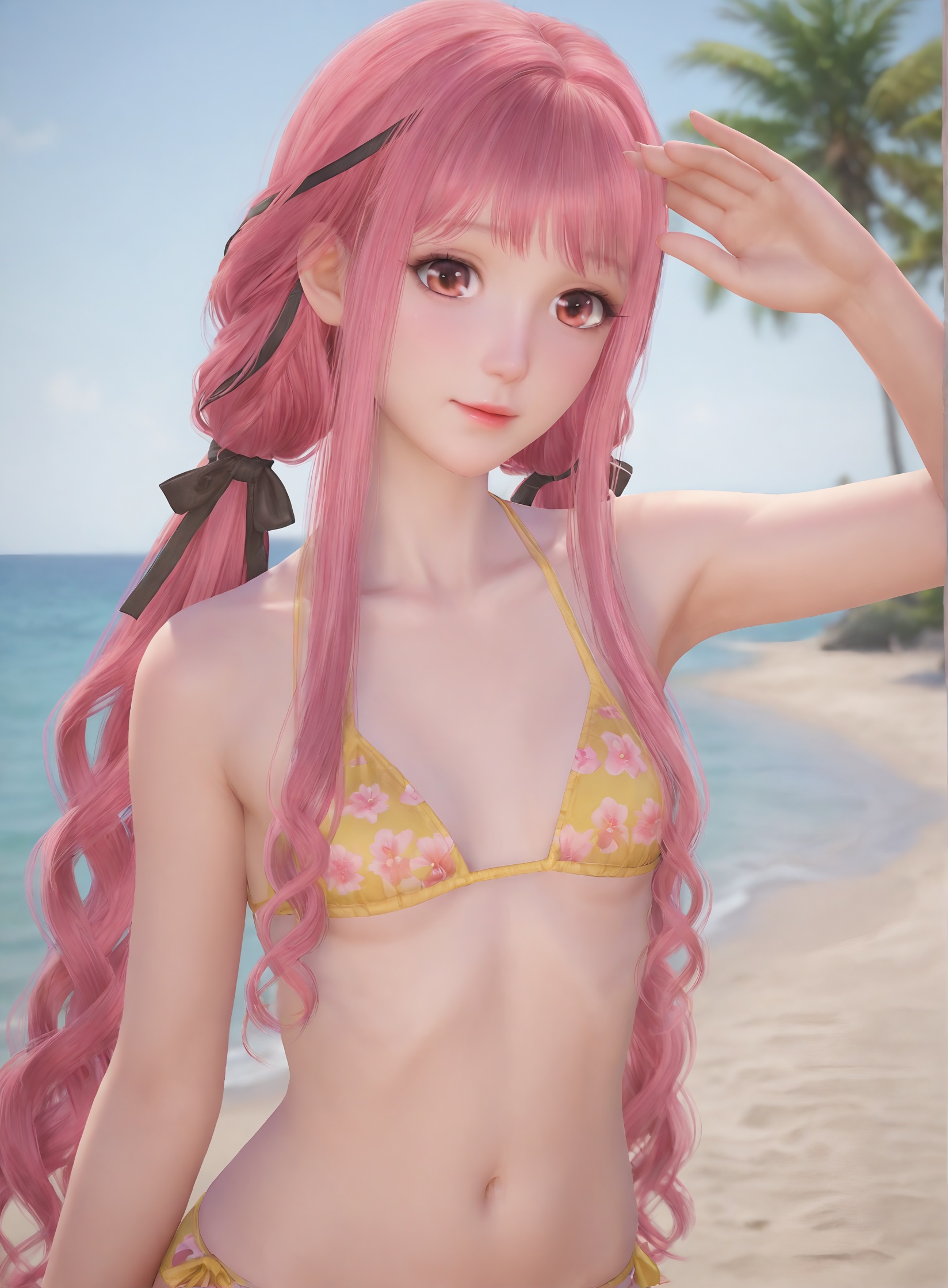 <lora:暖暖pony a:0.5>,realistic,mature female, wavy hair,hair ribbon,nikki_(nikki),twintails, pink hair,very long hair,bikini,small breasts, sitting
