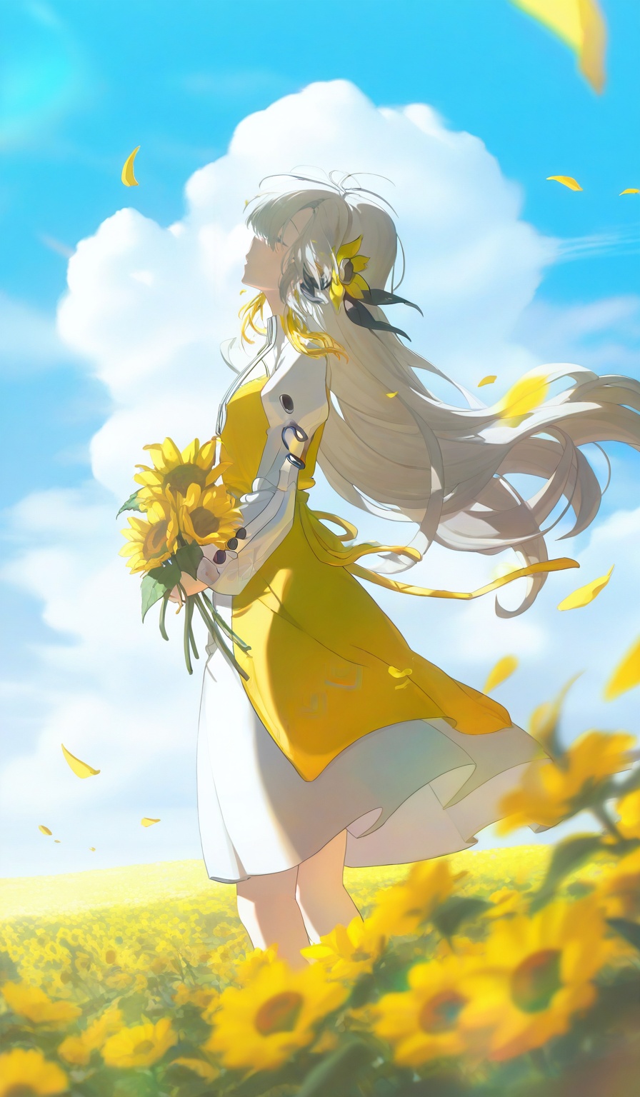 <lora:konya666 (5):1>,highres,absurdres,newest,very awa,masterpiece,best quality,year 2024,\,SenSen,1girl,flower,yellow flower,solo,isekai joucho,virtual youtuber,sky,long hair,hair ornament,dress,field,outdoors,holding flower,flower field,yellow dress,holding,petals,cloud,blue sky,hair flower,sunflower,white dress,day,floating hair,wind,falling petals,long sleeves,grey hair,multicolored hair,standing,closed eyes,from side,white hair,pants,looking up,holding bouquet,blurry foreground,headphones,ribbon,blurry,cloudy sky,profile,bouquet,