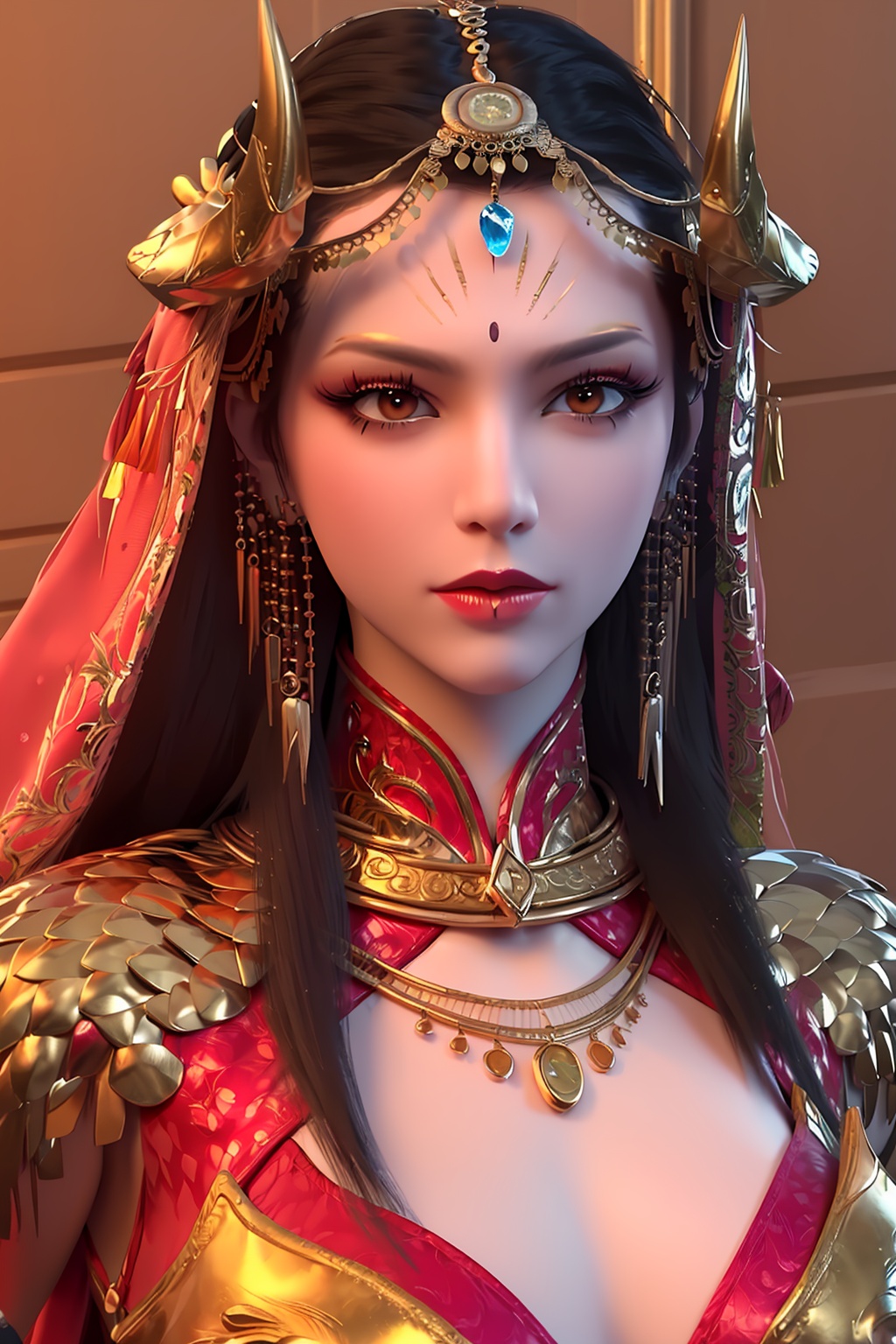 3D,masterpiece,(best quality),(makeup),official art, extremely detailed cg 8k wallpaper,((crystalstexture skin)), (extremely delicate and beautiful),(highly detailed),(face),(gold_trim),(collar),(scarf),(1girl), (solo), (jewelry), (earrings),(black_hair),(long_hair),(hair_ornament),(handwear),(breasts),(chest_protector),((portrait)),(closed_mouth),(chinese_clothes),(dress),,(multicolored_clothes),(multicolored_dress),(shiny_clothes),(city,indoor),,((looking_at_viewer)),((Facing the camera)),, <lora:hipoly3DModelLora_v10:0.3>