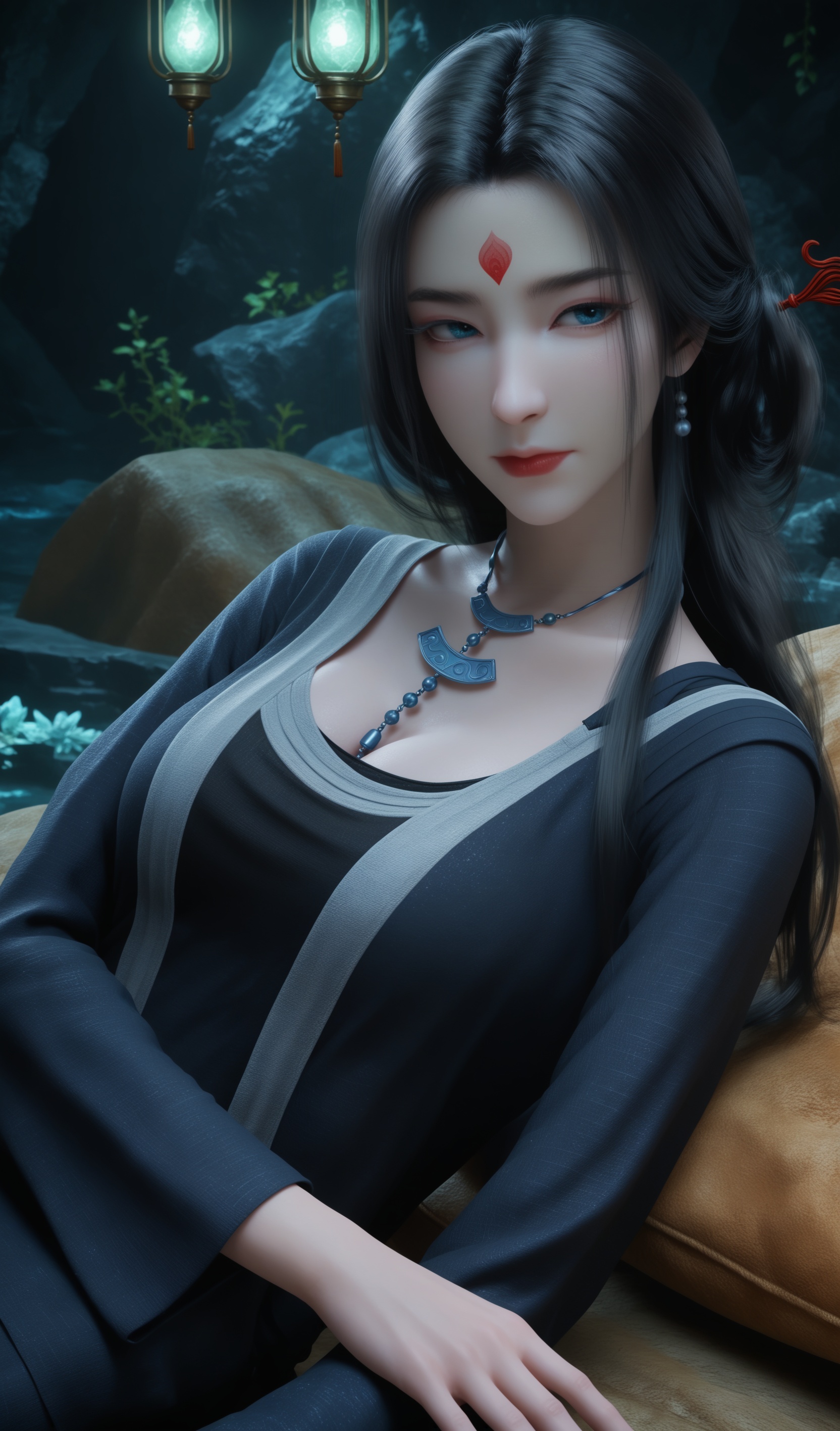 score_9,score_8_up,score_7_up,1girl,solo,realistic,(from_side:1.5),looking at viewer,(pale skin:1.3),oil,(long face:1.5),(mature face:1.1),1girl,stare,(lie sideways:1.6),(on back:1.4),(reclining:1.3),bare feet,water,bow,bra,see-through,(white skin:1.3),1girl,solo,dress,black dress,blue dress,black_coat,long sleeves,realistic,jewelry,collar,choker,chain necklace,bead,pendant,necklace,hair ornament,hair stick,earrings,1girl,solo,black hair,long hair,blue eyes,forehead tattoo,forehead mark,facial mark,big eye,(bruised eye:0.8),long eyelashes,lipstick,red lips,lips,(thick eyebrows:0.3),(slender eyebrow shape:1.4),collarbone,closed mouth,breasts,(inside the cave:1.4),(northern lights:1.1),(cowboy_shot:1.4),big breasts,cleavage,<lora:尸魈:0.85>,