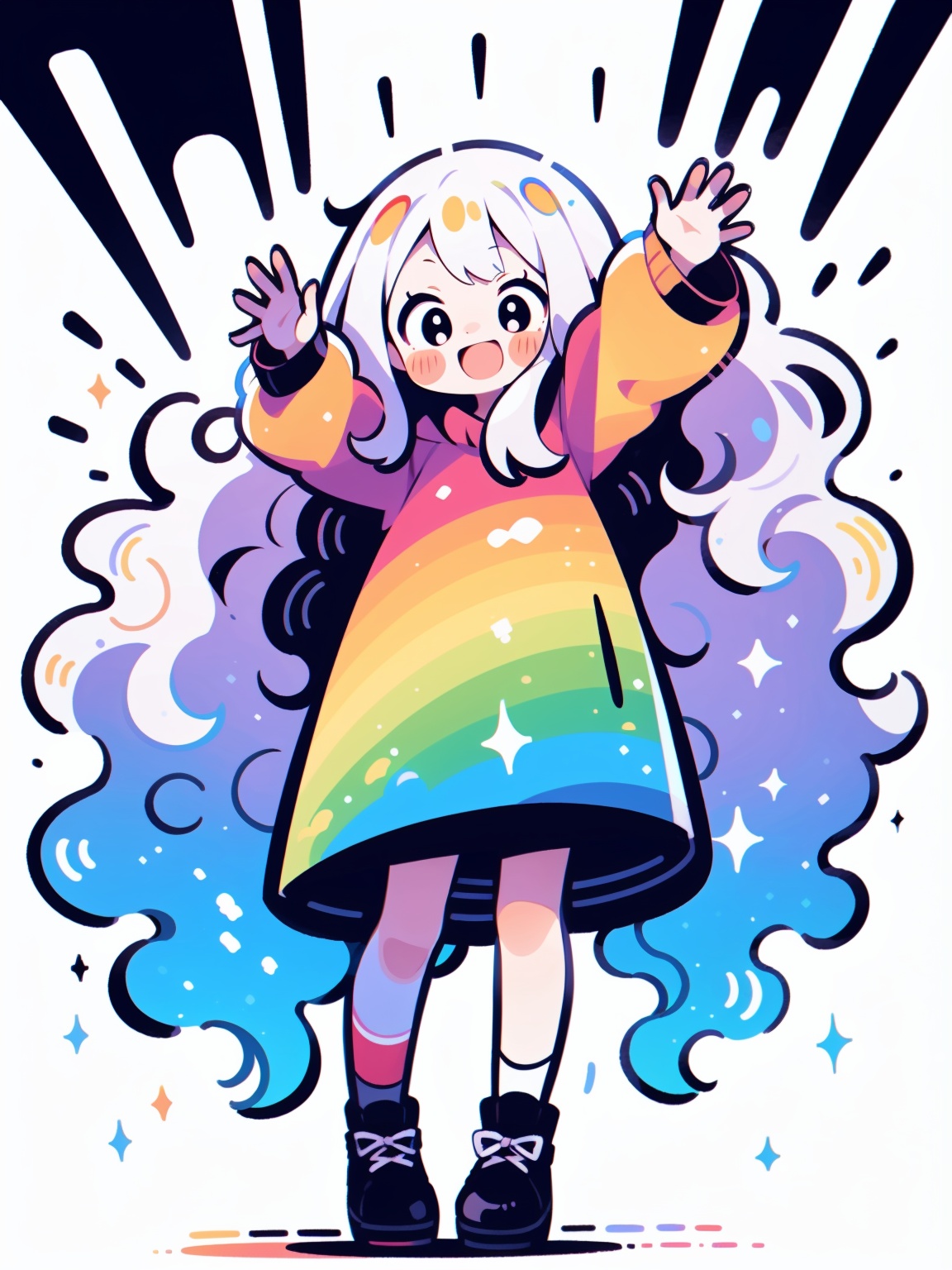 HTTP, 1girl, solo, smile, black footwear, white hair, black eyes, open mouth, long hair, long sleeves, waving, blush, white background, full body, no nose<lora:HTTP_20231126194709-000006:1>
