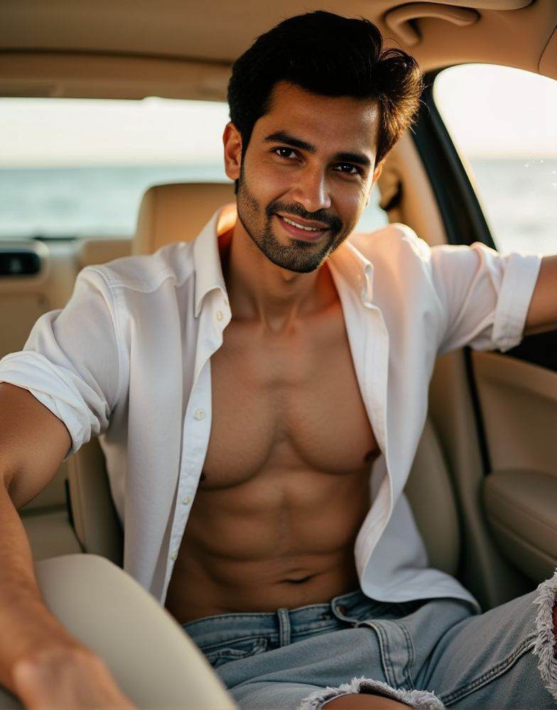 Rohit Khandelwal ,  male focus. shirtless smiling. editorial. empathetic eyes. sitting in the passenger seat of a car. nat...