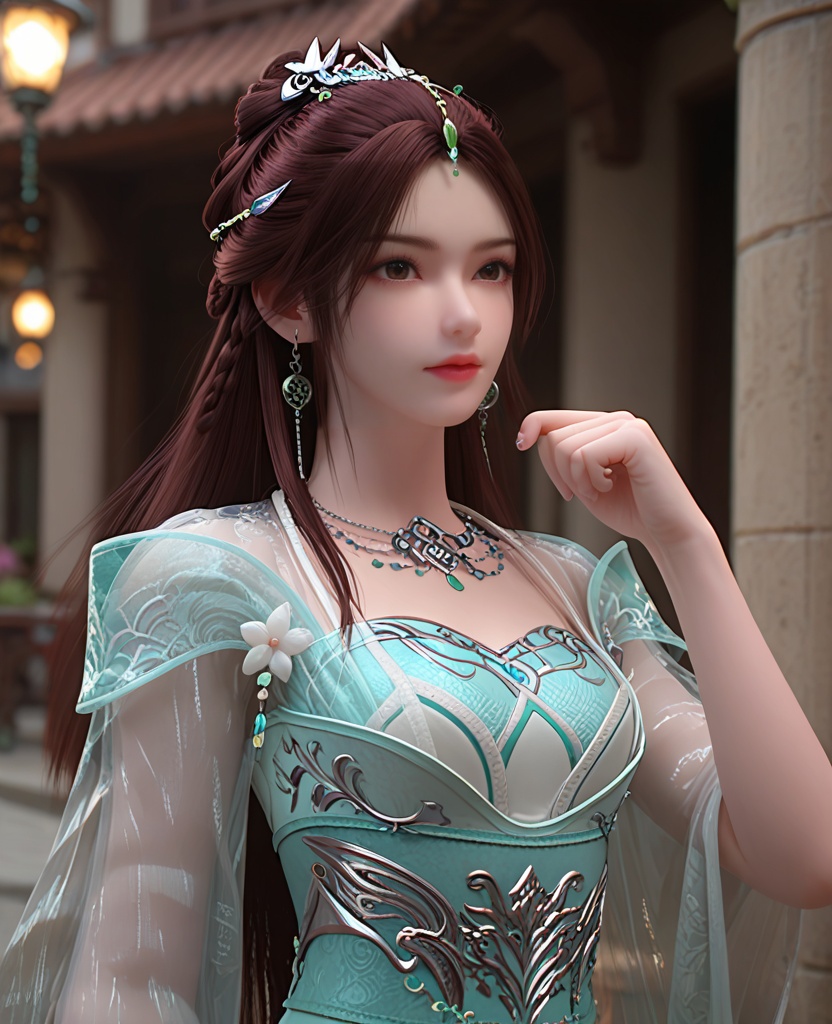 (oriental architecture, elegant decor, sophisticated style:1.1),punching viewer,incoming punch,bare fist,(breasts:1.2),<lora:XL完美世界叶倾仙:0.9>,miss yeqingxian,solo,see-through vest,green  corset,sash,see-through sleeves,see-through outerskirt with white petticoat underneath,brown eyes,brown hair,long hair,hair ornament,half updo,hanging hair,necklace,earrings,jewelry,, zPDXL2, score_9, score_8_up, score_7_up BREAK realistic, masterpiece,best quality, highly detailed,, zPDXL3, zPDXL2,zPDXL, zPDXLxxx, zPDXLrl,