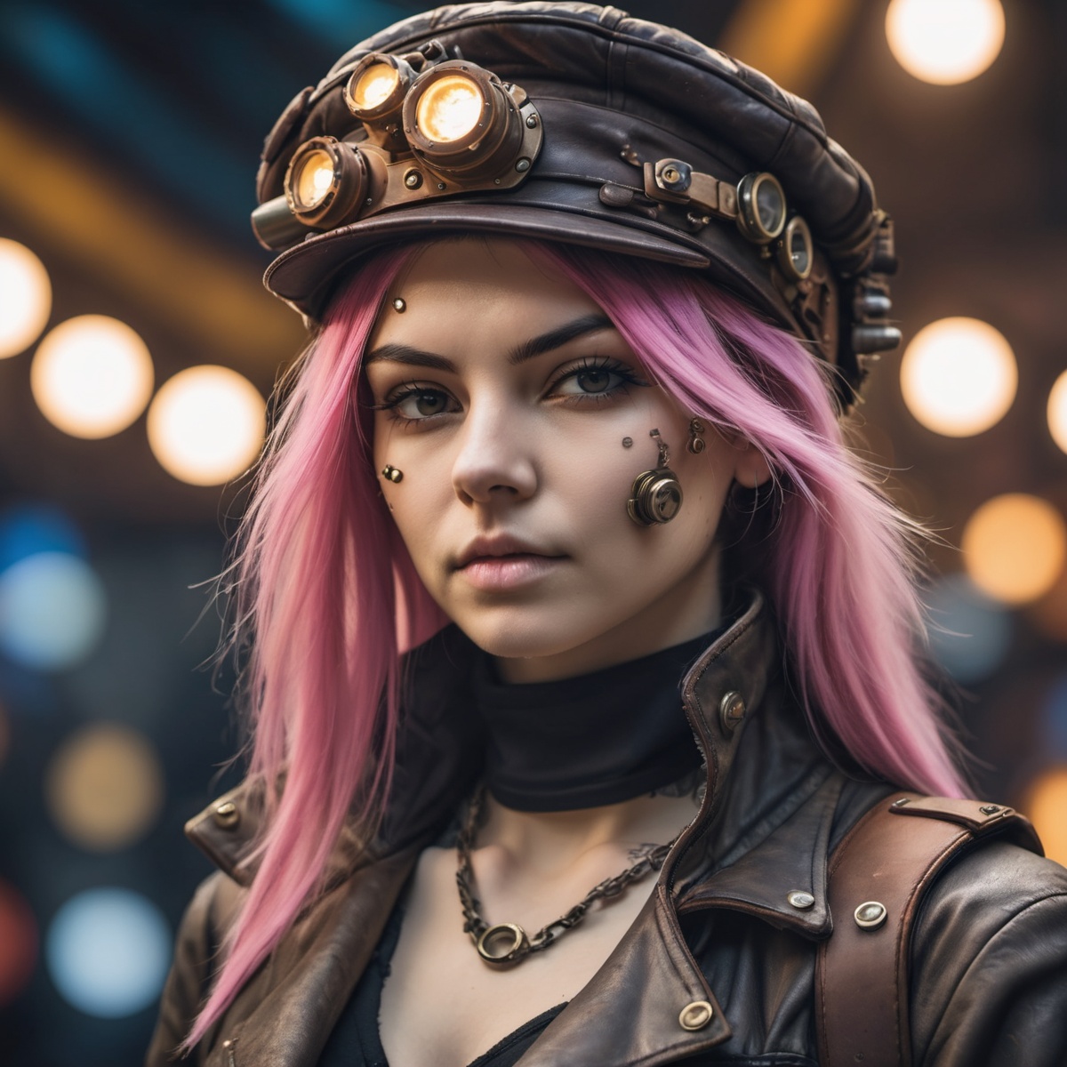 closeup picture of an 25 years old cyberpunk woman,  wearing an steampunk hat,  dieselpunk mechanic clothing on Tensor.Art