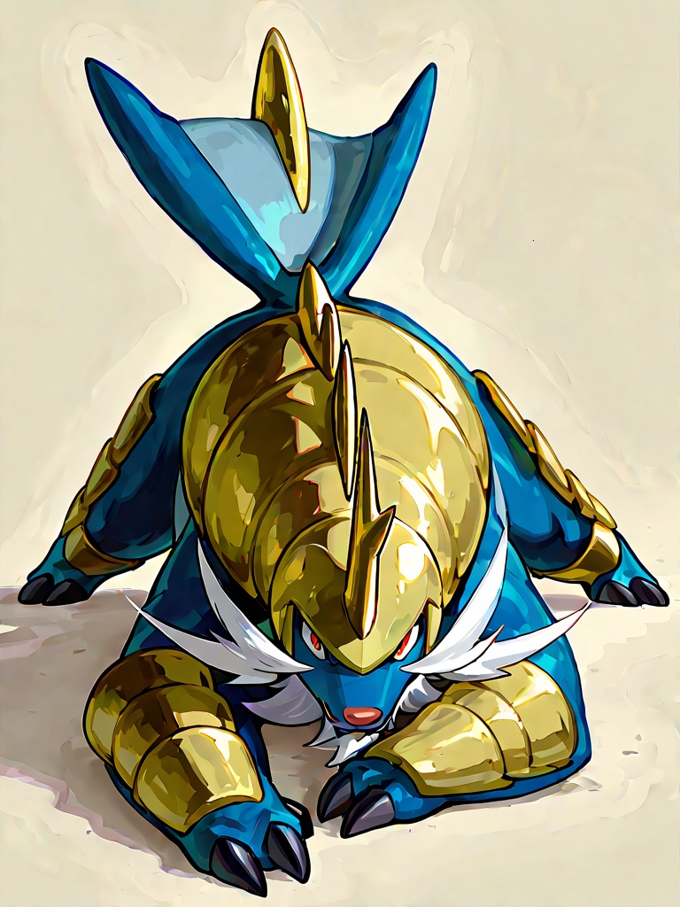 masterpiece,best quality,samurott,feral,solo,full body,pokemon \(creature\),simple background,score_9,score_8_up,score_7_up,<lora:samurott pony:1>,solo horn,white facial hair,3 claws,2 toes,Sharp yellow horn on head,Three claws on each front foot,Yellow shell-like armor around front claws,Yellow shell-like part on tail end,on stomach,