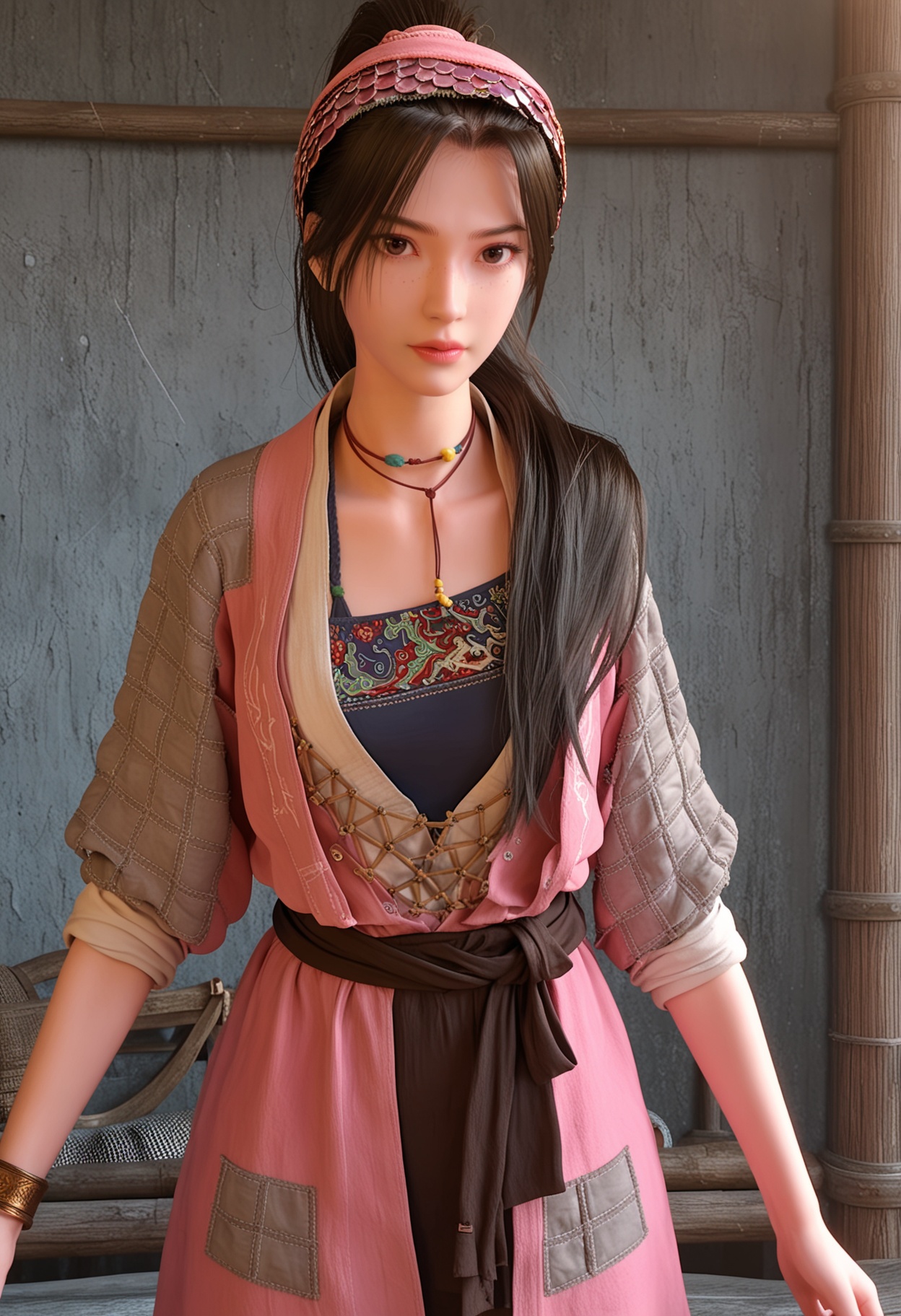 score_9,high detail,best quality,cinematic lighting,volumetric lighting,shiny skin,shiny,1girl,necklace,solo,jewelry,long hair,looking at viewer,black hair,lips,realistic,brown eyes,ponytail,collarbone,hairband,brown hair,simple_background,thighs,cowboy_shot,<lora:QQSponytuliV1:0.8>,<lora:Pony_DetailV2.0:0.8>,<lora:皮肤凹痕:0.1>,