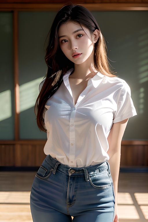 masterpiece,best quality,absurdres,highres,4k,ray tracing,perfect face,perfect eyes,intricate details,highly detailed,1girl,moyou,looking at viewer,sexy pose,(cowboy shot:1.2),classroom,arms behind back,<lora:Sexy Gym uniform:0.8>,shirt,buruma,red buruma,