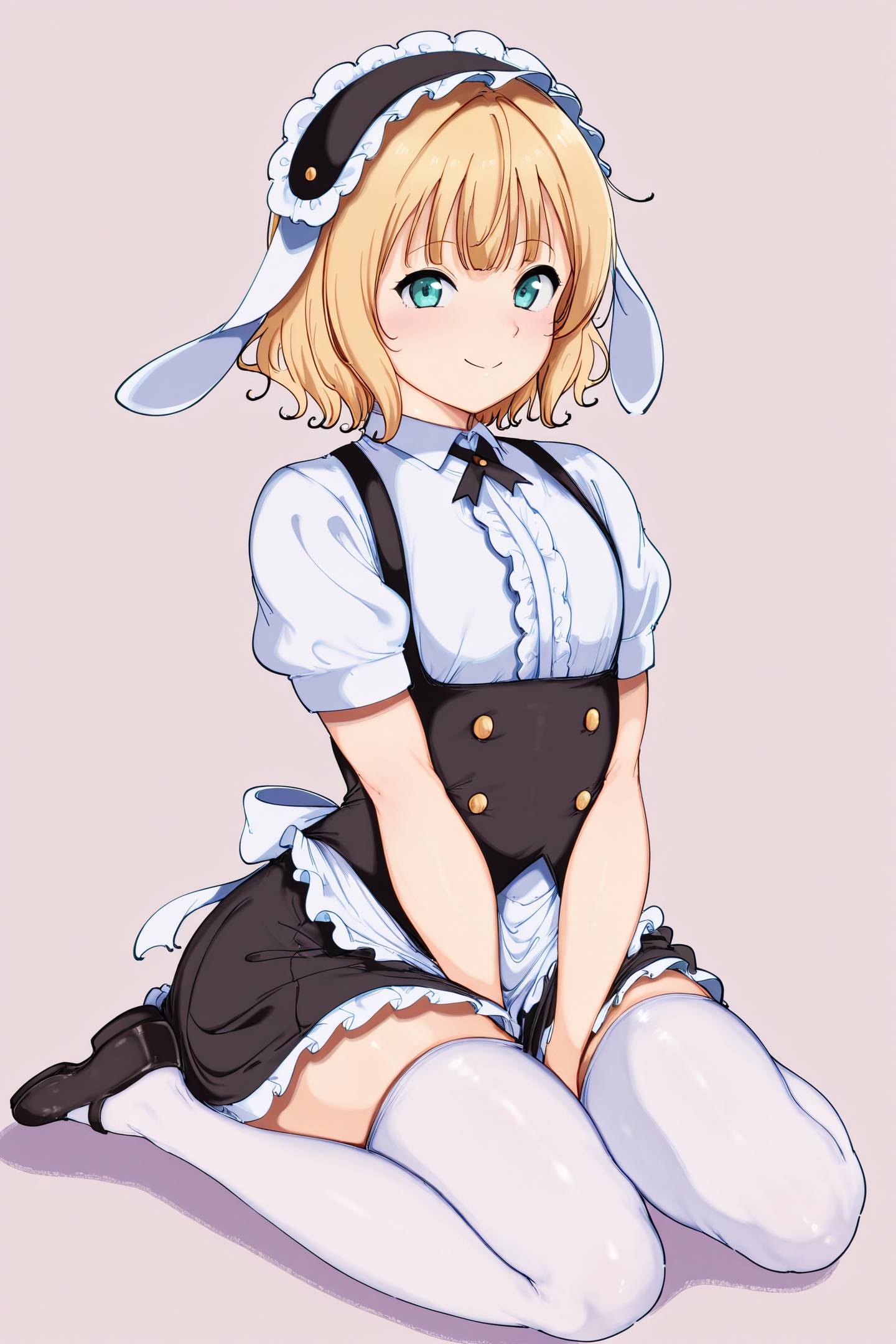 alp Style,1girl,solo,blonde hair,thighhighs,kirima syaro,frills,frilled hairband,fleur de lapin uniform,animal ears,fake animal ears,underbust,white thighhighs,short sleeves,skirt,shirt,miniskirt,sitting,hairband,white background,black hairband,white shirt,black skirt,rabbit ears,center frills,looking at viewer,puffy sleeves,puffy short sleeves,short hair,simple background,frilled shirt,lolita hairband,apron,hand between legs,wariza,full body,waist apron,between legs,closed mouth,white apron,frilled apron,black footwear,smile,shoes,green eyes,zettai ryouiki,shadow,aqua eyes,frilled skirt,maid headdress,collared shirt,<lora:alp_illustriousXL:1.2>,