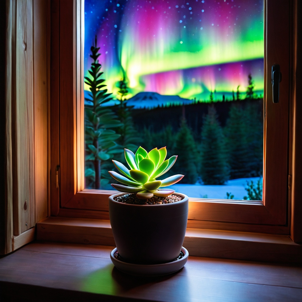 scenenorthlight,  a small potted succulent,  cabin window table on Tensor.Art