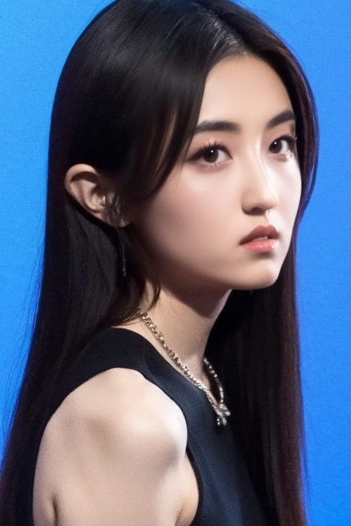 (masterpiece, top quality),best quality,fair skin,(extremely detailed face),((looking at viewer)),1girl,bare shoulders,black hair,black shirt,blue background,(full_shot),closed mouth,jacket,jewelry,lips,long hair,looking at viewer,necklace,parted lips,realistic,shirt,solo,no watermark,,<lora:zzf:1>
