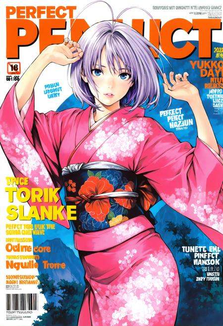 <lora:add-detail-xl:1>,masterpiece,best quality,absurdres,highres,detailed eyes,beautiful,detailed background,perfect eyes,realistic,solo,magazine cover,fake magazine cover,english text,cover,fake cover,price,cover page,text focus,barcode,dated,cowboy shot,dynamic pose,<lora:Maya_Natsume:1>,1girl,japanese clothes,kimono,antenna hair,blue eyes,pink kimono,short hair,obi,purple hair,sash,light purple hair,yukata,