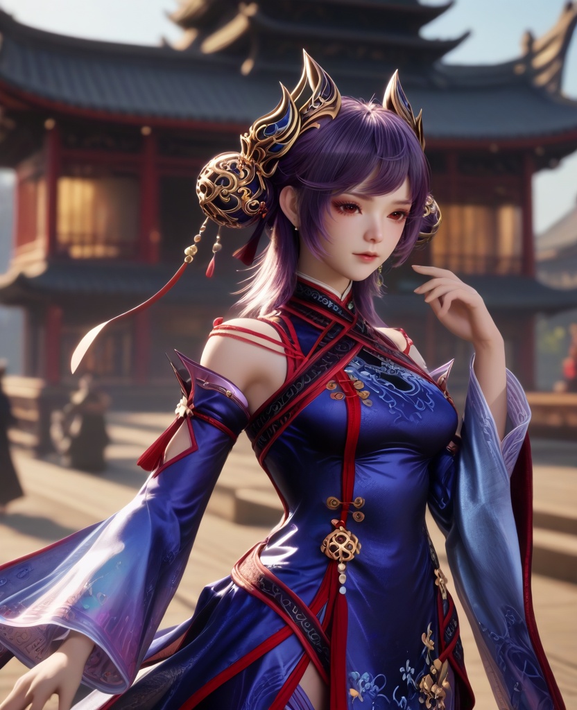 (oriental architecture, elegant decor, sophisticated style:1.1),(prostration:1.1),(breasts:1.2),<lora:XL16牧神记司芸香:0.95>,miss siyunxiang,china dress with blue violet,red eyes,purple hair,double bun,hair ornament,cutout pants,wide cuffs,, score_9,score_8_up,score_7_up,score_6_up,score_5_up,score_4_up,3d rendering,tag1,tag2, Cinematic Lighting,backlighting,