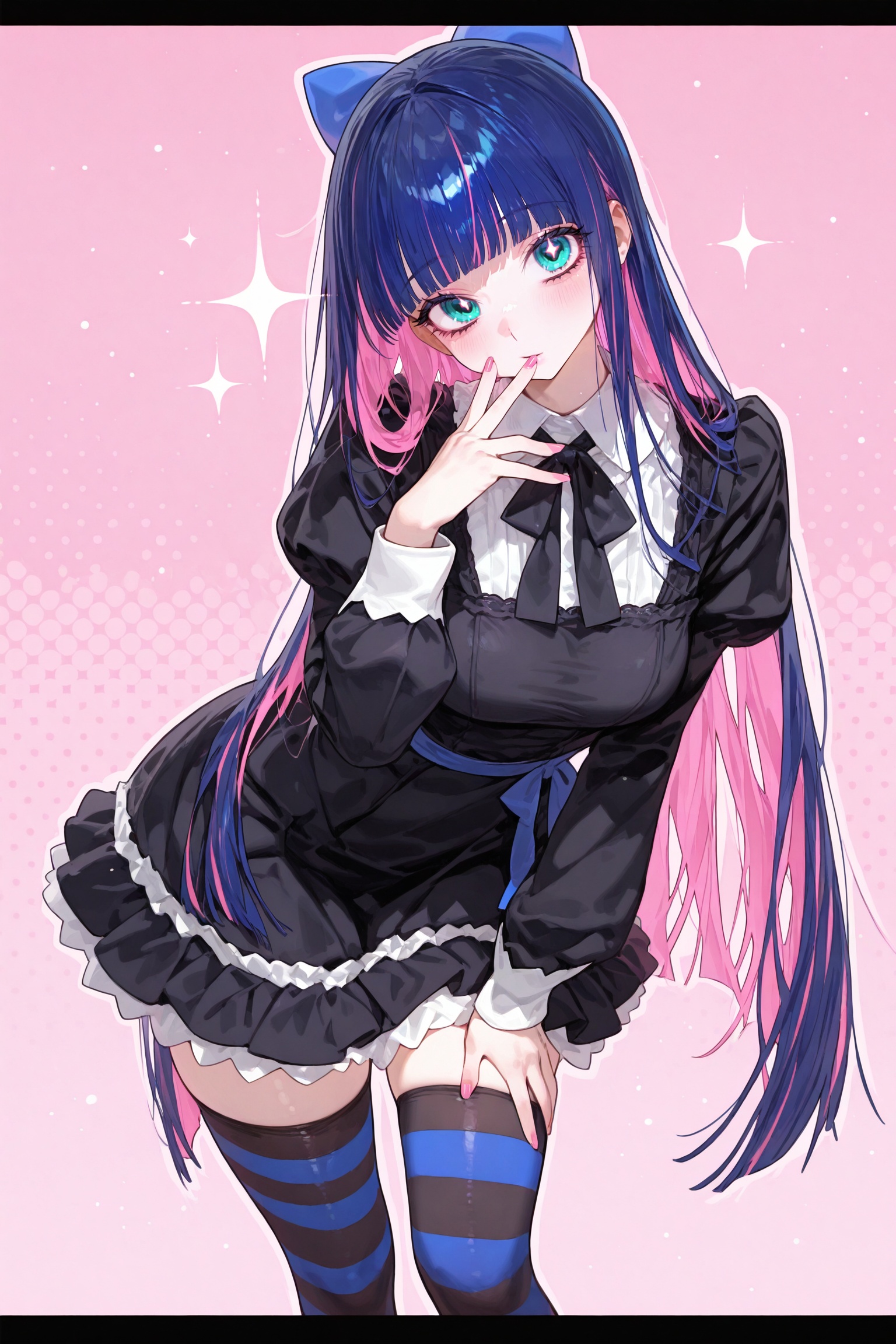 (masterpiece),(best quality),(ultra-detailed),amazing quality,very aesthetic,illustration,perfect composition,intricate details,absurdres,incredibly absurdres,lens flare,bokeh,light particles,bloom,chromatic aberration,diffraction spikes,(letterboxed:1.3),1girl,stocking \(psg\),blue hair,colored inner hair,blunt bangs,blunt ends,cyan eyes,long eyelashes,long hair,pink inner hair,multicolored hair,solo,standing,leaning forward,black dress,gothic,frilled dress,frills,lace trim,lace,neck ribbon,pink nails,black thighhighs,striped thighhighs,puffy long sleeves,head tilt,panties, pink background,halftone,halftone background,dynamic pose,perspective,<lora:Lunas-Eatsleep1111-IllustriousXL-EXP2:1>,