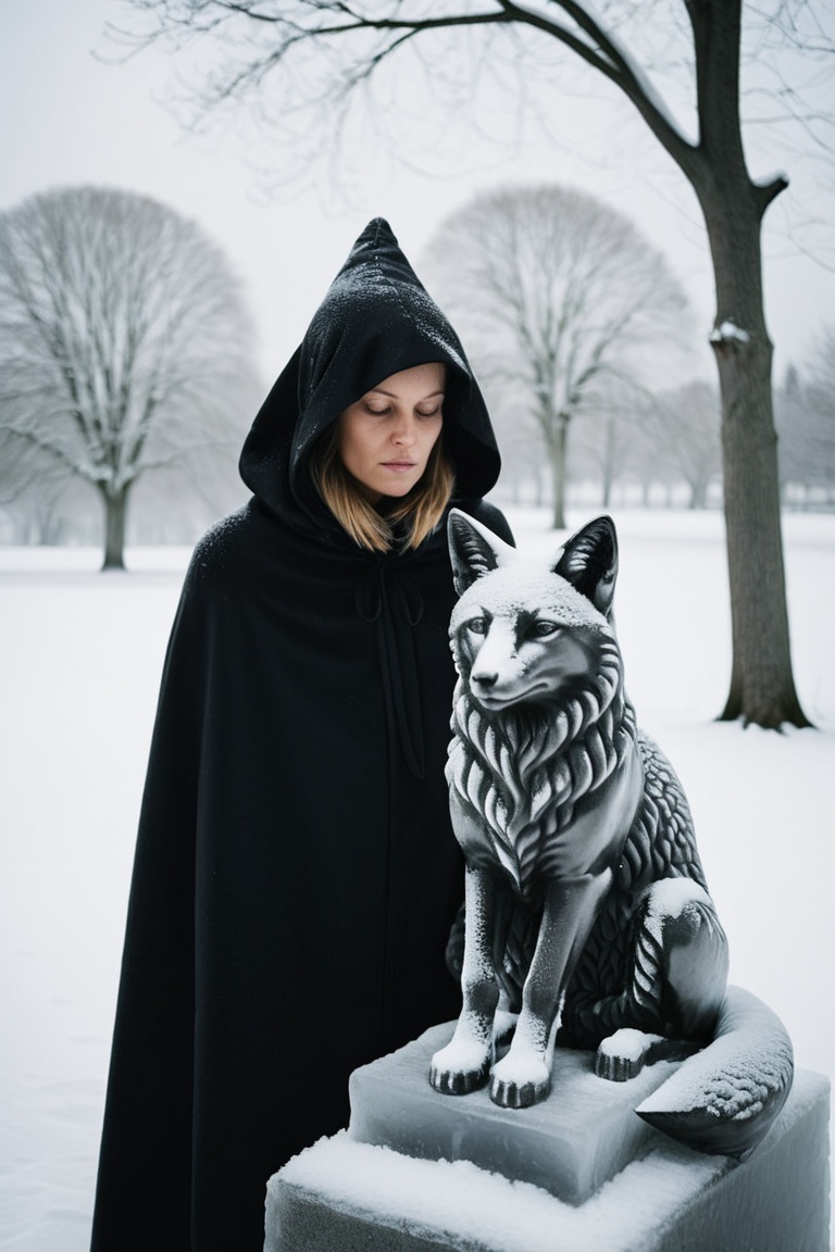 woman close up portrait,  Candid photo of a cloaked figure ice sculpture in the snow missing an arm,  a fox sitting at the...