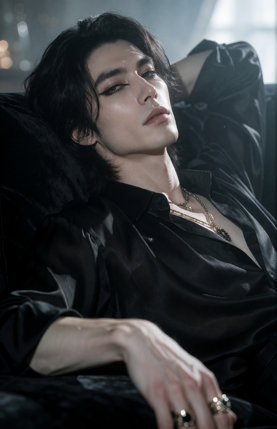 A gorgeous ***** man with shoulder-length dark hair and delicate features looks toward the camera through half-lidded eyes...