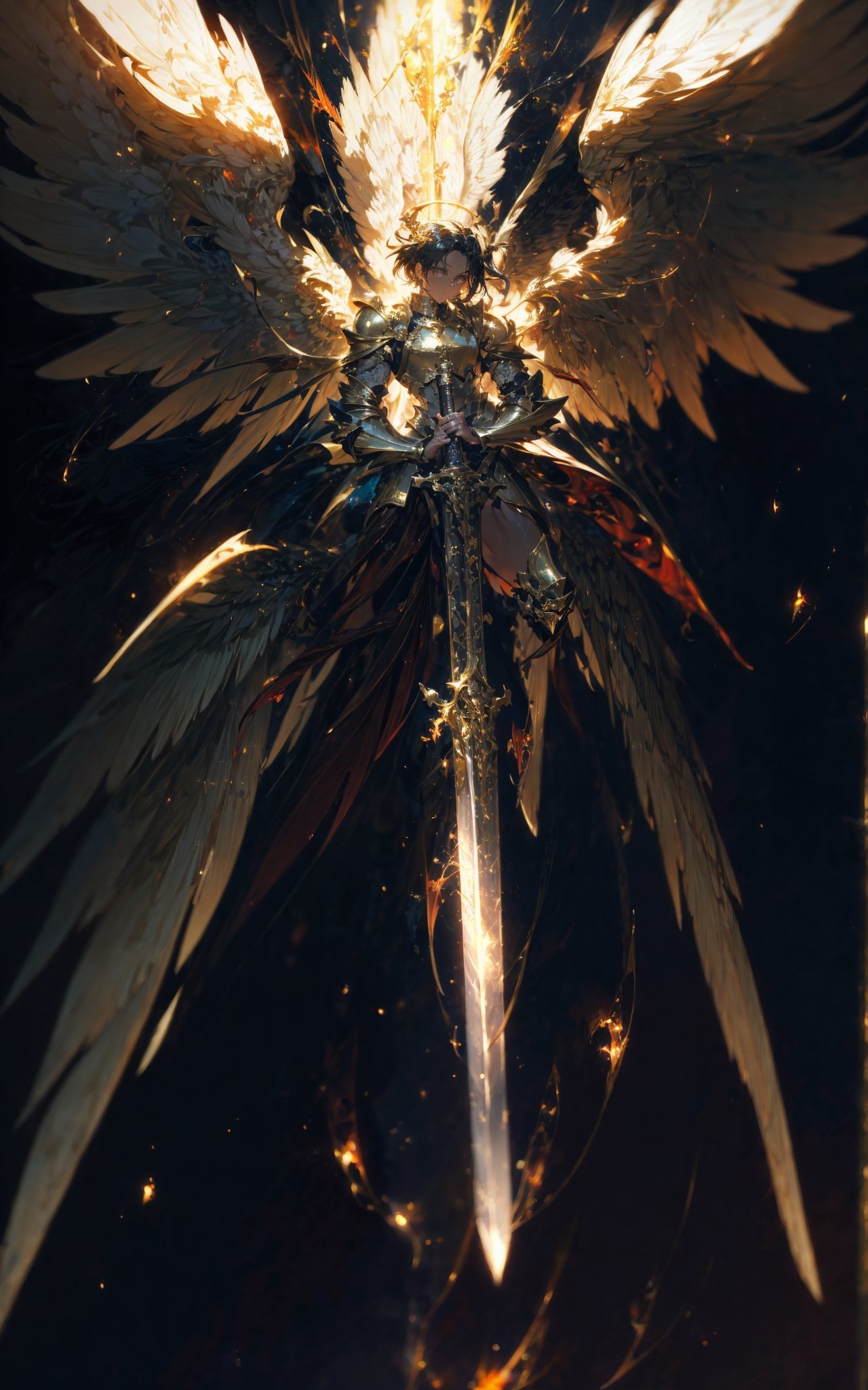 angel,  Super powerful flame angel flies out of the clouds,  behind him is golden meteor magic surrounding his body on Ten...