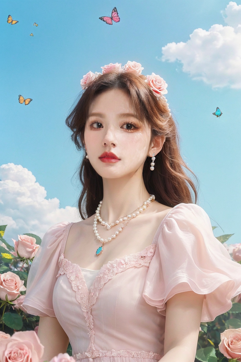 quality,8K,extremely complex details,1girl,lolita,careful eyes,looking_at_viewer,butterfly,gradient art,in the flower cluster,(rose:1.1),upper_body,sky,(white cloud:0.9),necklace,pearls and jewels,<lora:花开富贵:0.8>,