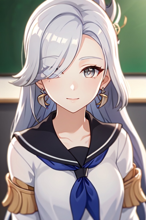 masterpiece,best quality,<lora:shenhe:0.5>,shenhe (genshin impact),1girl,solo,white hair,grey hair,long hair,hair over one eye,earrings,hair ornament,looking at viewer,(student:1.5),(school_uniform:1.5),
