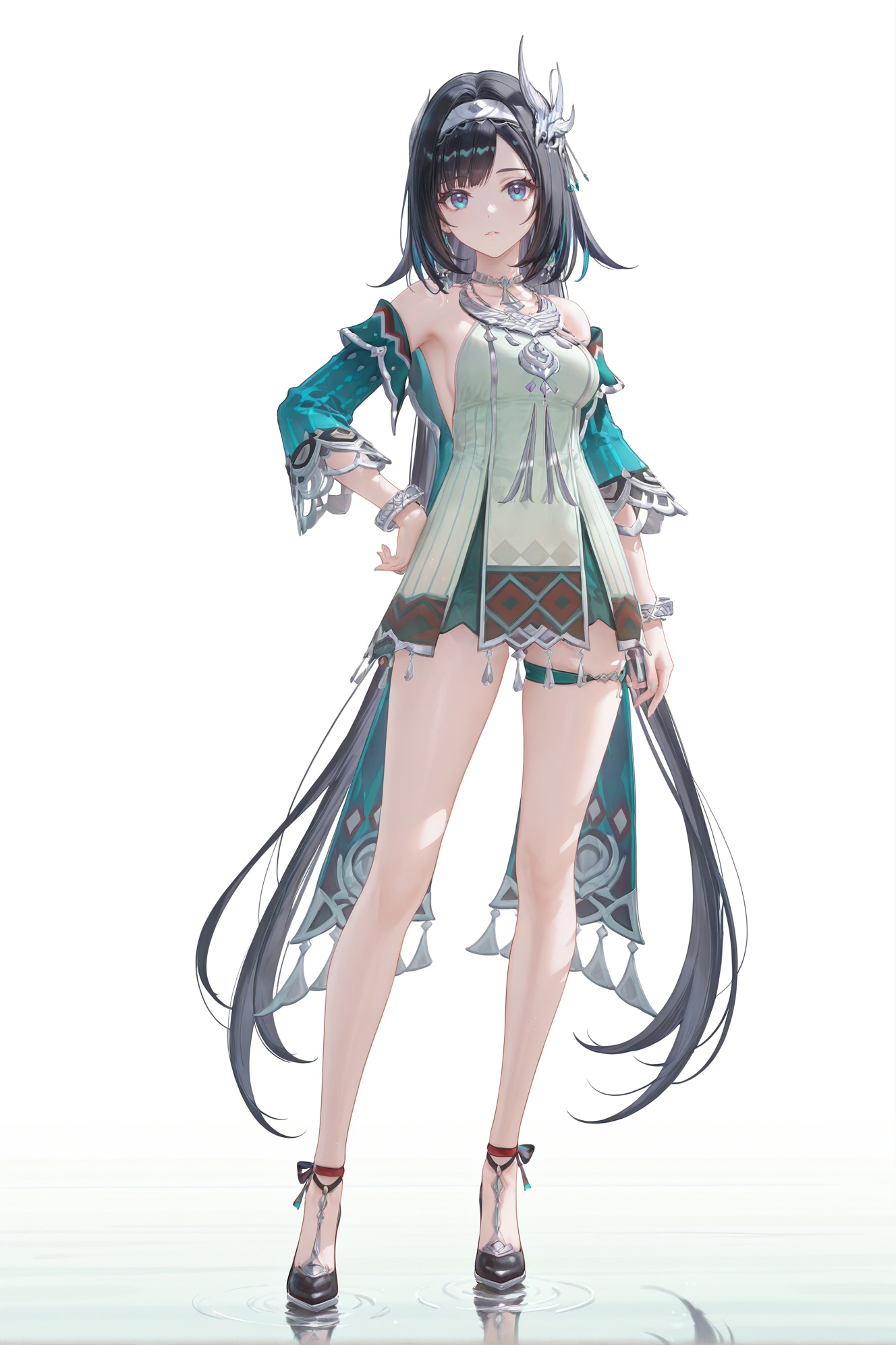 8k,best quality,masterpiece,(ultra-detailed),(high detailed skin),((artist:reoen),(artist:fuzichoco),(artist:atdan),(artist:torino_aqua),year 2024:0.8)1girl,[artist:wlop],[artist:ningen_mame],artist:ciloranko,[[artist:rhasta]],artist:tidsean,colorful,full body,full shot,standing,looking at viewer,(solo:1.2),simple background,(white background:1.2),hand on own hip,(white background:1.1),<lora:lanyan-IL-Tanger:0.8>,Lan Yan \(Genshin Impact\),clothes: Lan Yan def derss,Silver hair ornament,white hairband,1girl,black hair,very long hair,blue eyes,