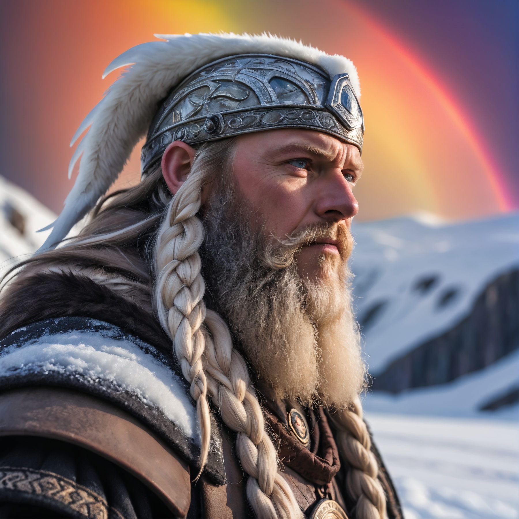 Epic Closeup photo of Odin in an ice landscape,  an rainbow is in the background,  high quality photography on Tensor.Art