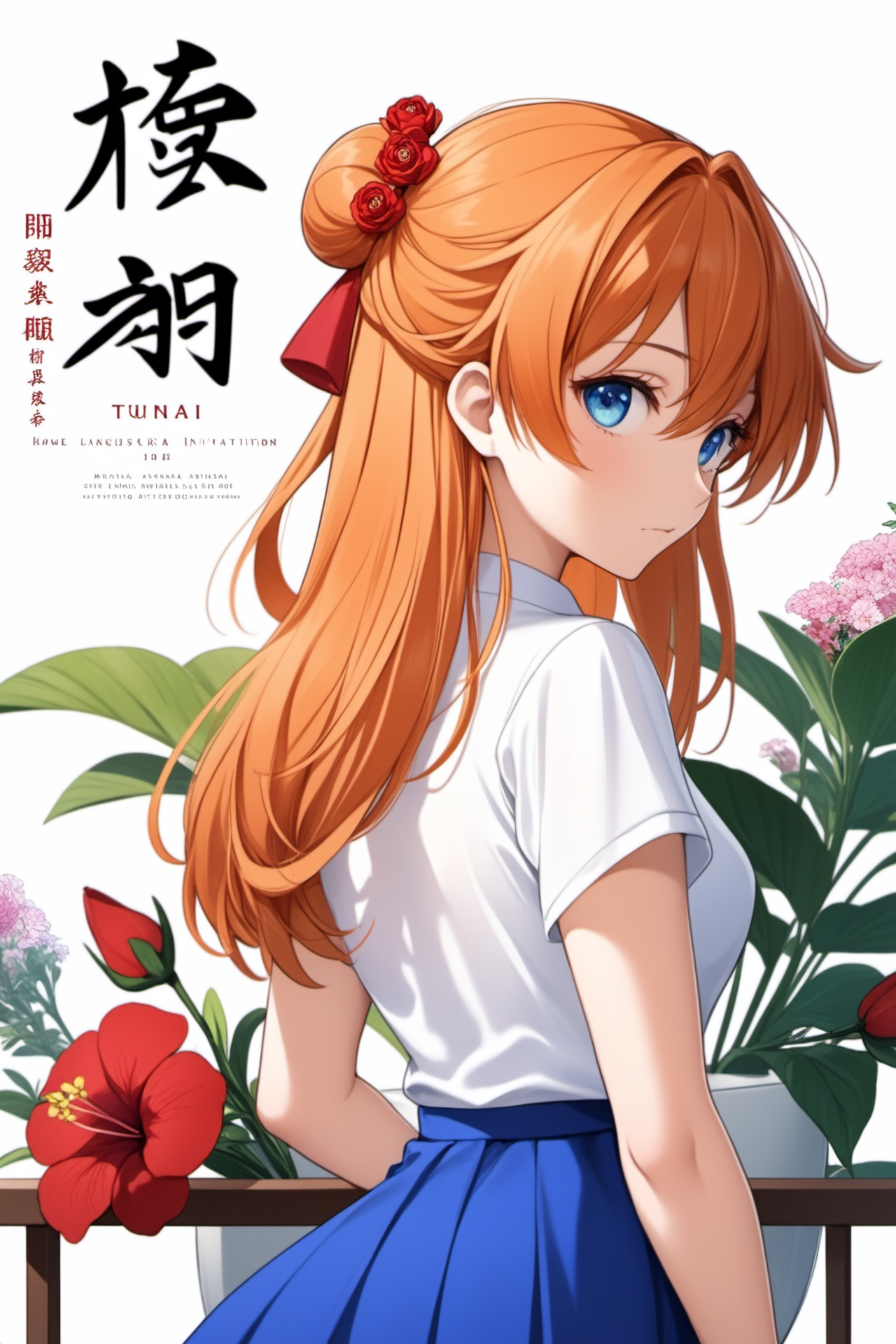Poster,Poster,a chinese wedding invitation with flowers and a vase,simple background,white background,flower,no humans,leaf,plant,red flower,pink flower,text focus,still life,poster,1girl,solo,souryuu asuka langley,from behind,orange hair,long hair,tsurime,blue eyes,long eyelashes,thick eyelashes,looking at viewer,closed mouth,(white shirt:1.2),short sleeves,skirt,blue skirt,blue dress,outdoors,stairs,standing,ass,