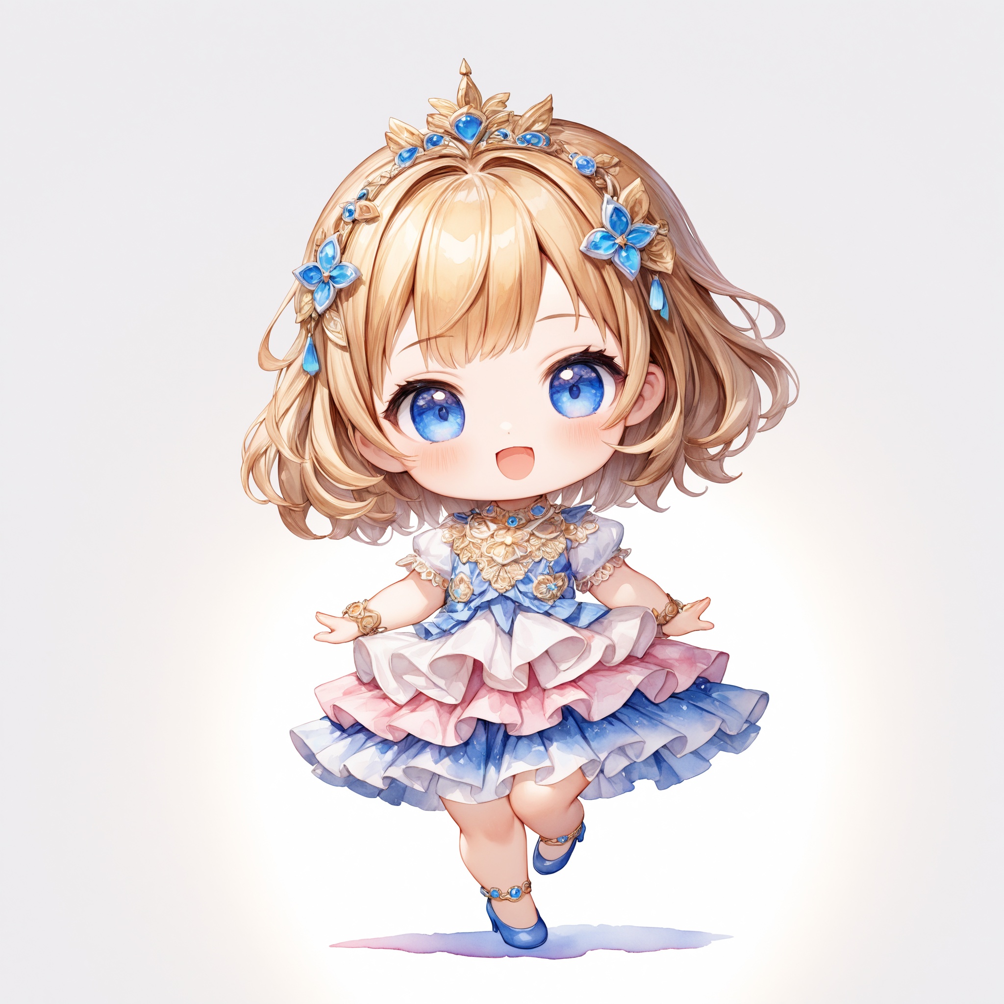 Full body shot. A cute girl. Chibi. Solo. White layered dress and pumps. :D. Dynamic pose. Looking at viewer. No backgroun...