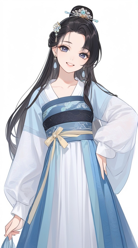(best quality), ((masterpiece)), (highres), illustration, original, extremely detailed,<lora:Old wind:0.7>licg, 1girl, solo, hanfu, white background, jewelry, hair ornament, earrings, chinese clothes, black hair, looking at viewer, simple background, long hair, sash, long sleeves, smile