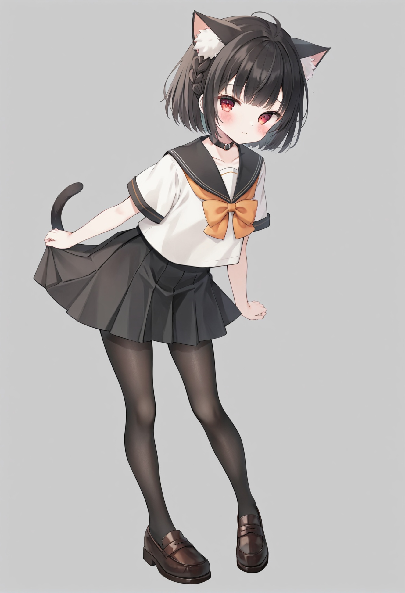 masterpiece, best quality,1girl, solo, animal ears, pantyhose, skirt, school uniform, black hair, full body, pleated skirt, cat ears, red eyes, simple background, white background, short hair, bow, looking at viewer, serafuku, black skirt, animal ear fluff, short sleeves, shoes, sailor collar, standing, black pantyhose, shirt, blush, choker, white shirt, virtual youtuber, closed mouth, black sailor collar, bowtie, braid, loafers, orange bow, brown footwear, black choker, jewelry, collarbone 