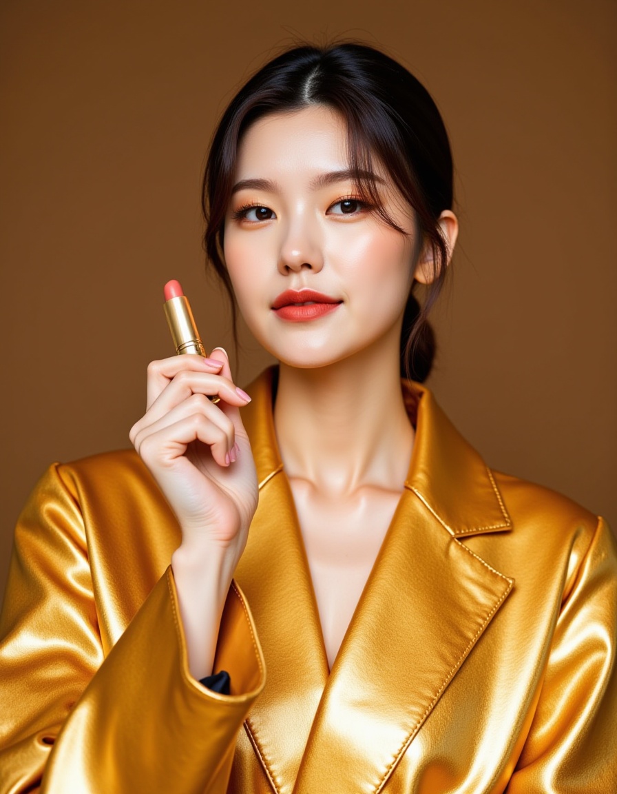 this is a picture of a fashionable south korea woman,she had a lipstick in her hand,she was dressed in solid gold and had a metallic sheen,