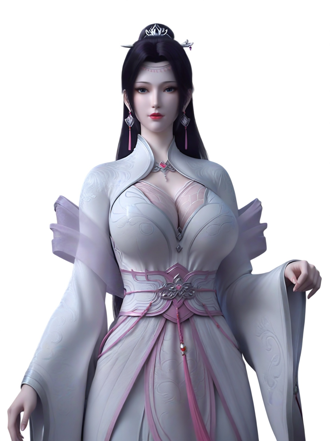 score_9,1girl,solo,dress,long hair,earrings,hair ornament,eyelashes,large breasts,standing,wide sleeves,lipstick,looking at viewer,white background,simple background,cowboy_shot,<lora:SF_YunYun_HuaZong_Pony_Realism2.3-000003:0.7>,