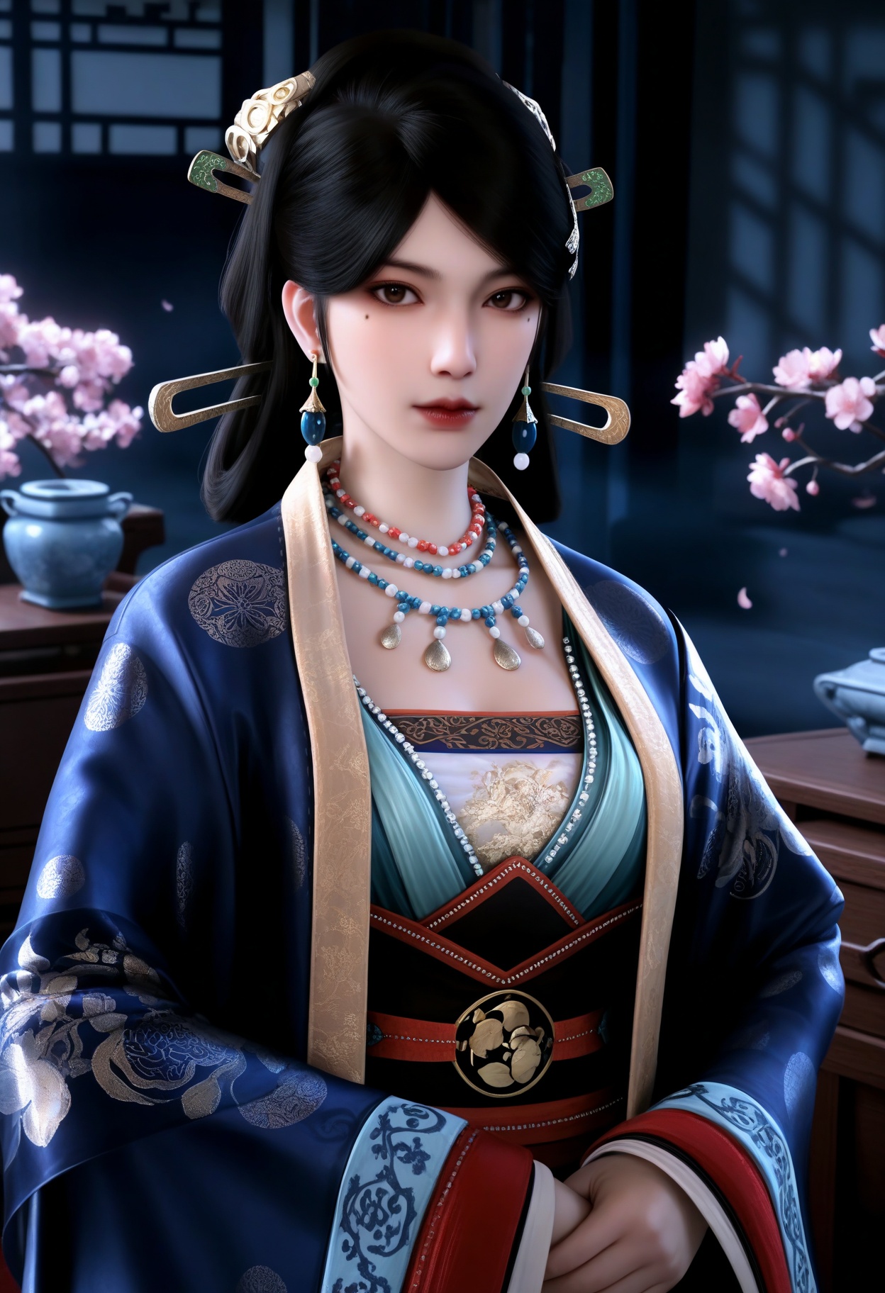 masterpiece,best quality,amazing quality,very aesthetic,high resolution,ultra-detailed,absurdres,scenery,photorealistic,(looking at viewer:1.1),upper body,(Dark room:1.3),(moody lighting:1.1),peach blossom,falling petals,(large breasts:0.8),wenluoyu,1girl,solo,black hair,long hair,hair ornament,jewelry,earrings,chinese clothes,necklace,realistic,brown eyes,lips,mole under eye,hanfu,long sleeves,closed mouth,wide sleeves,red lips,pearl necklace BREAK photorealistic details,<lora:QQSillwenluoyuV1:0.8>,