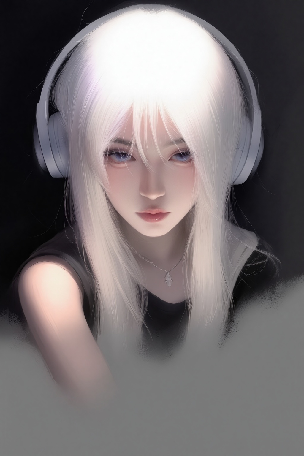ZOZ_HEHUHU,a digital illustration shoot from a close-up camera angle about a portrait of a young woman with long,flowing white hair and headphones,the image also shows a soft,ethereal light illuminating her face and upper body,on the middle of the image,a 20 years old woman appears to be looking directly at the viewer with a serious expression,she has light skin,blue eyes,and a slim body,she is wearing a black sleeveless top and has a delicate necklace around her neck,her hair is styled in long hair and falls down her back,her eyes are closed,and she has a closed mouth,her lips are slightly parted,giving a subtle expression,the background is dark and blurred,with a subtle gradient effect,the lighting is soft and diffused,creating a dreamy atmosphere,