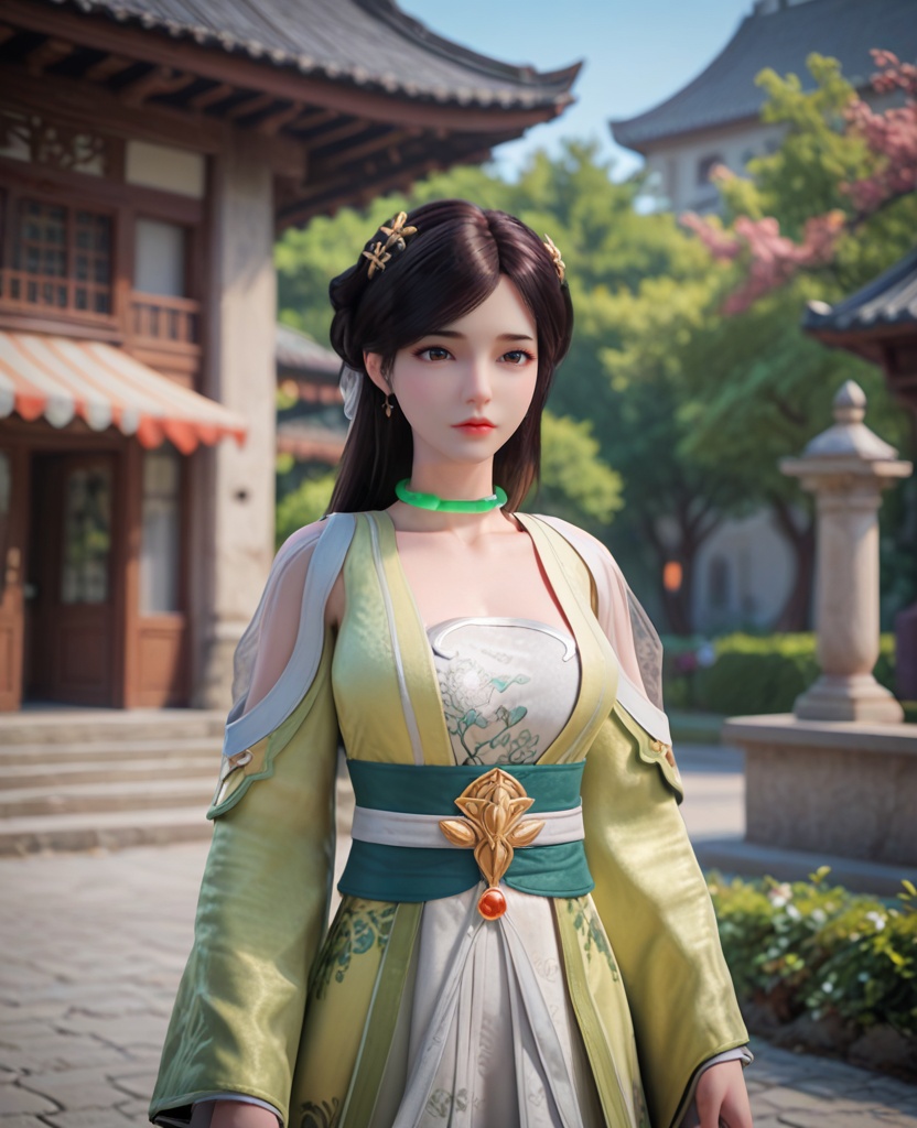 (oriental architecture, elegant decor, sophisticated style:1.1),one arm behind her back,(breasts:1.2),<lora:XL完美世界阿蛮:0.9>,miss aman,solo,yellower dress,green choker,hair ornament,jewelry,hollow shoulder,floral print white bra,brown eyes,bangs,long hair,black hair,green sash,overskirt,collarbone,red lips,long sleeves,, zPDXL2, score_9, score_8_up, score_7_up BREAK realistic, masterpiece,best quality, highly detailed,, zPDXL3, zPDXL2,zPDXL, zPDXLxxx, zPDXLrl,