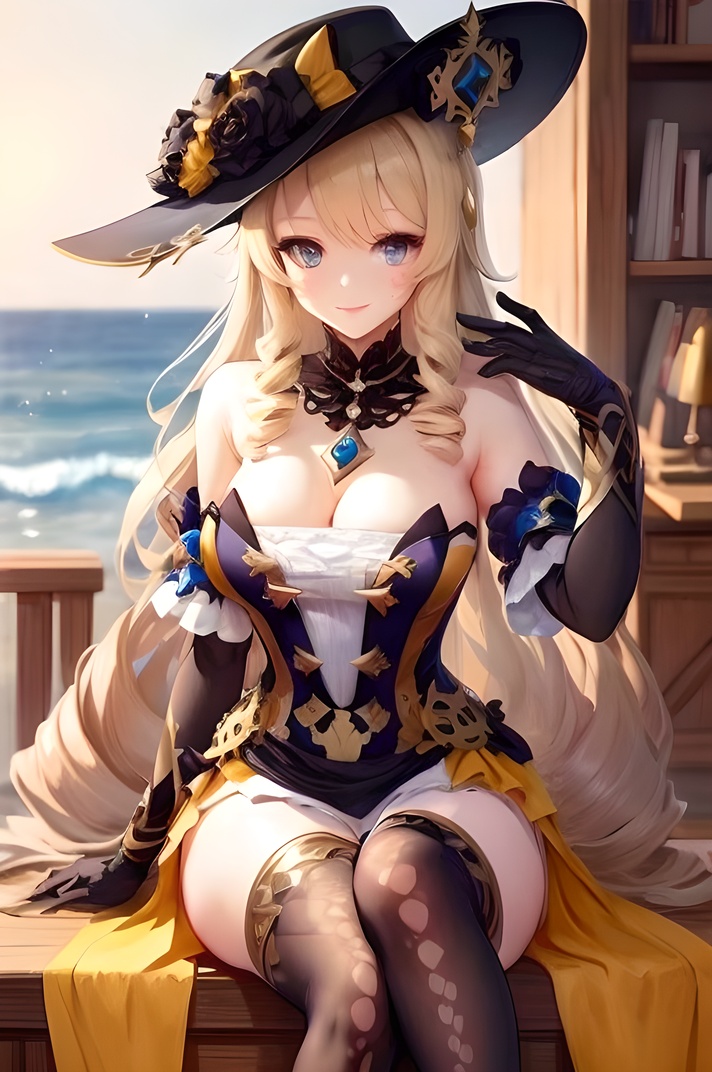 navialp,navia_(genshin_impact),1girl,solo,game cg,red lips,blonde hair,breasts,blue eyes,hat,long hair,dress,thighhighs,upper_body,portrait,gloves,bangs,bare shoulders,cowboy shot,cleavage,drill hair,black headwear,detached sleeves,hat flower,black gloves,fingerless gloves,elbow gloves,black thighhighs,strapless,smile,by the sea,sitting,crossed legs,navialp, <lora:navia6:0.8>