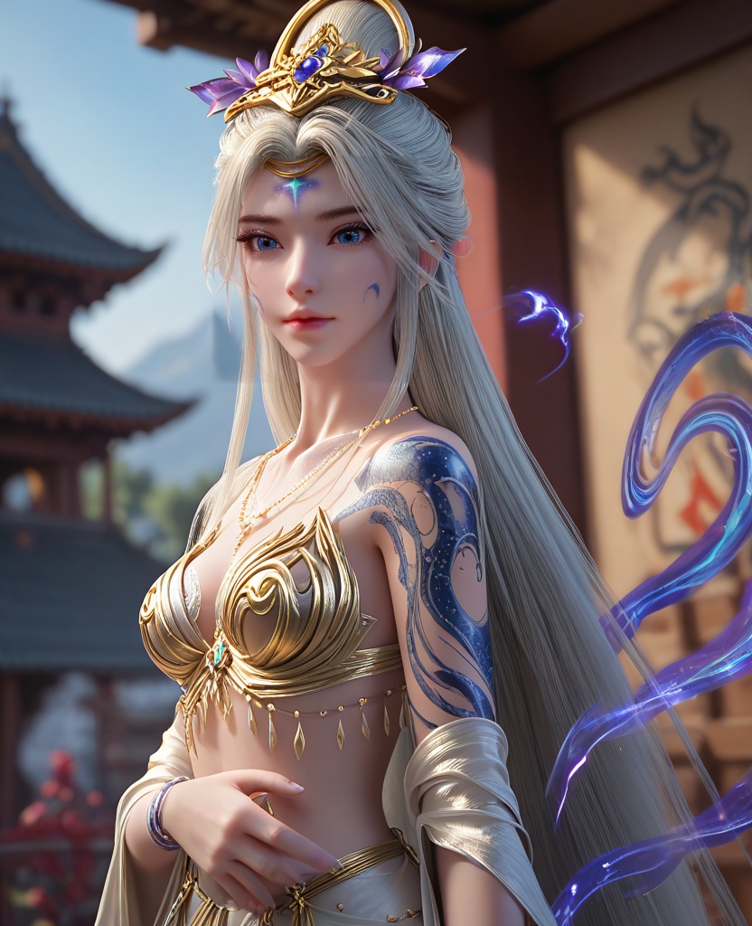 (oriental architecture, elegant decor, sophisticated style:1.1),twirling pose,(breasts:1.2),<lora:XL16完美世界莫仙:0.95>,miss moxian,white filigree bra,white chiffon skirt,blue eyes,white hair,very long hair,hair ornament,traditional chinese updo with long front strands,facial mark,necklace,(blue tattoo:1.3),(full right sleeve:1.3),hagoromo,, zPDXL2, score_9, score_8_up, score_7_up BREAK realistic, masterpiece,best quality, highly detailed,, zPDXL3, zPDXL2,zPDXL, zPDXLxxx, zPDXLrl,