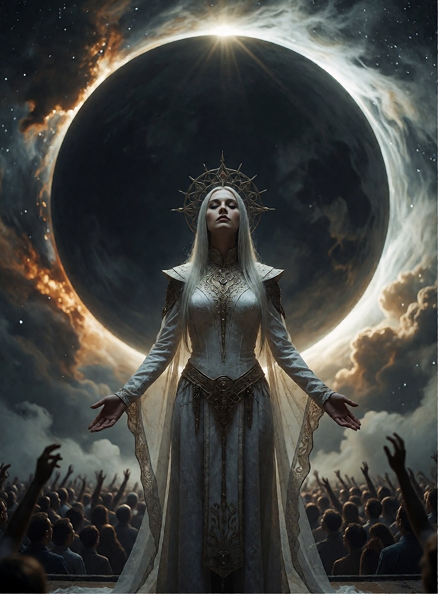 Alyx from Neranima standing in front of a gigantic artificial black sun during a surreal concert,  circular eclipse fillin...