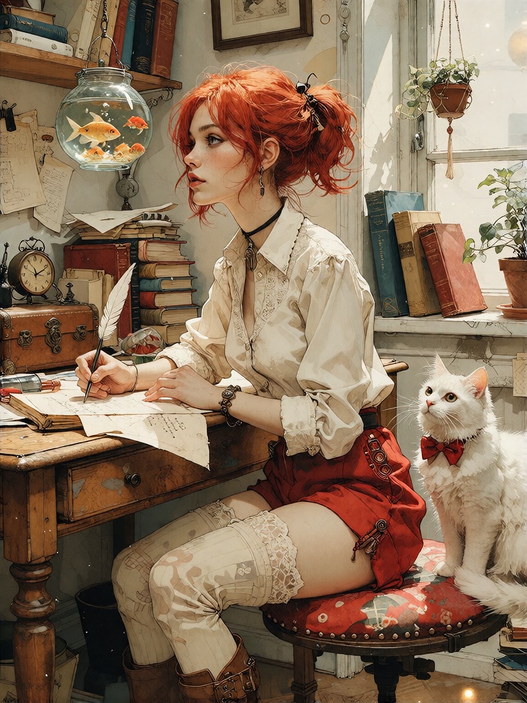 Bradhamel art style. A young woman with short,  vibrant red hair tied back in a loose ponytail sits at a cluttered wooden...