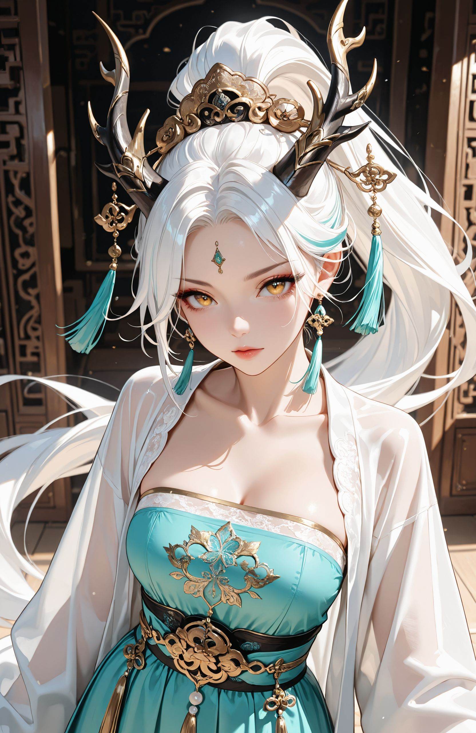 masterpiece,best quality,amazing quality,very aesthetic,absurdres,ultra-HD,8k,high detail,sharp focus,detailed background,impactful picture,1girl,collarbone,jewelry,earrings,hair ornament,looking at viewer,chinese clothes,hanfu,dynamic pose,horns,multicolored hair,white hair,high ponytail,cowboy shoot,(filigree,Lace,Chiffon),tassel headdress,gold and pearl ornate decoration,