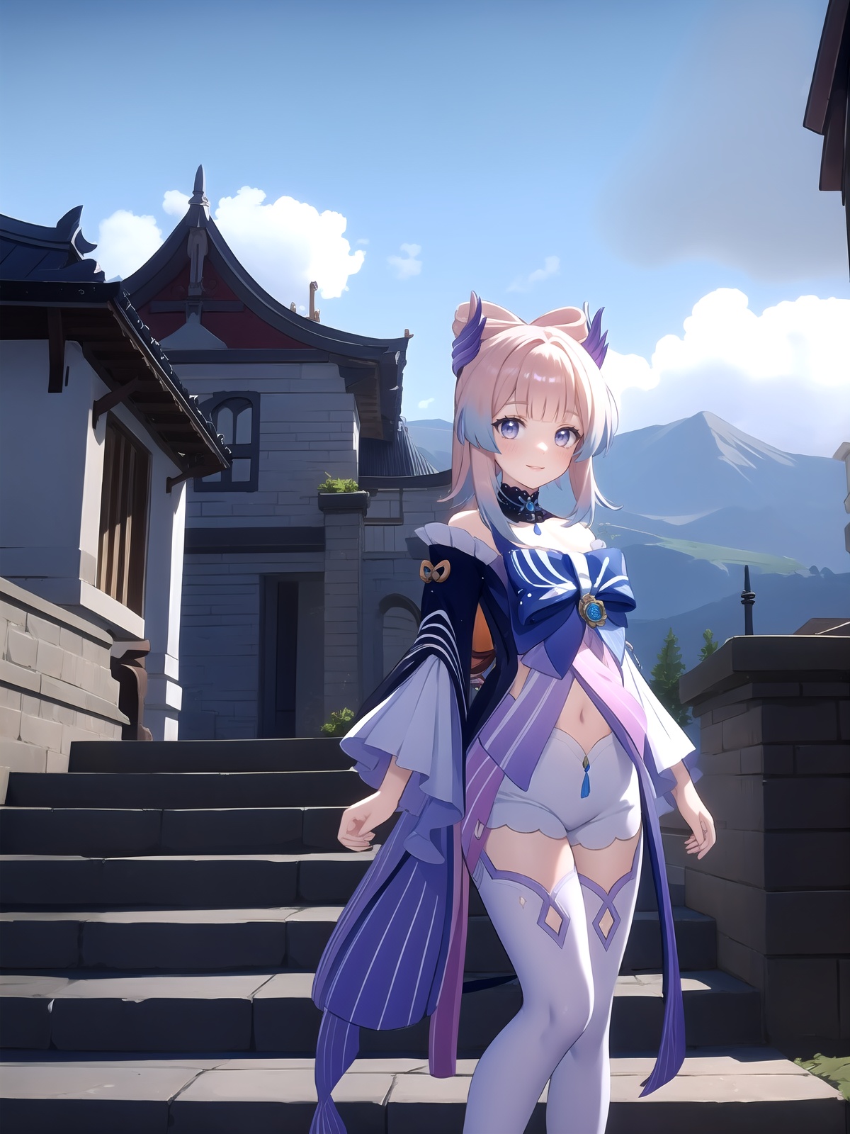 <lora:[角色]-[心海-原神]sangonomiyakokomi1-000008:1>,kokomidef,upper body,smile,blush,outdoors,day,simple background,blue sky,short hair,sky,temple,looking at viewer,stairs,mountain,moody lighting,facing viewer,, (best quality),((masterpiece)),