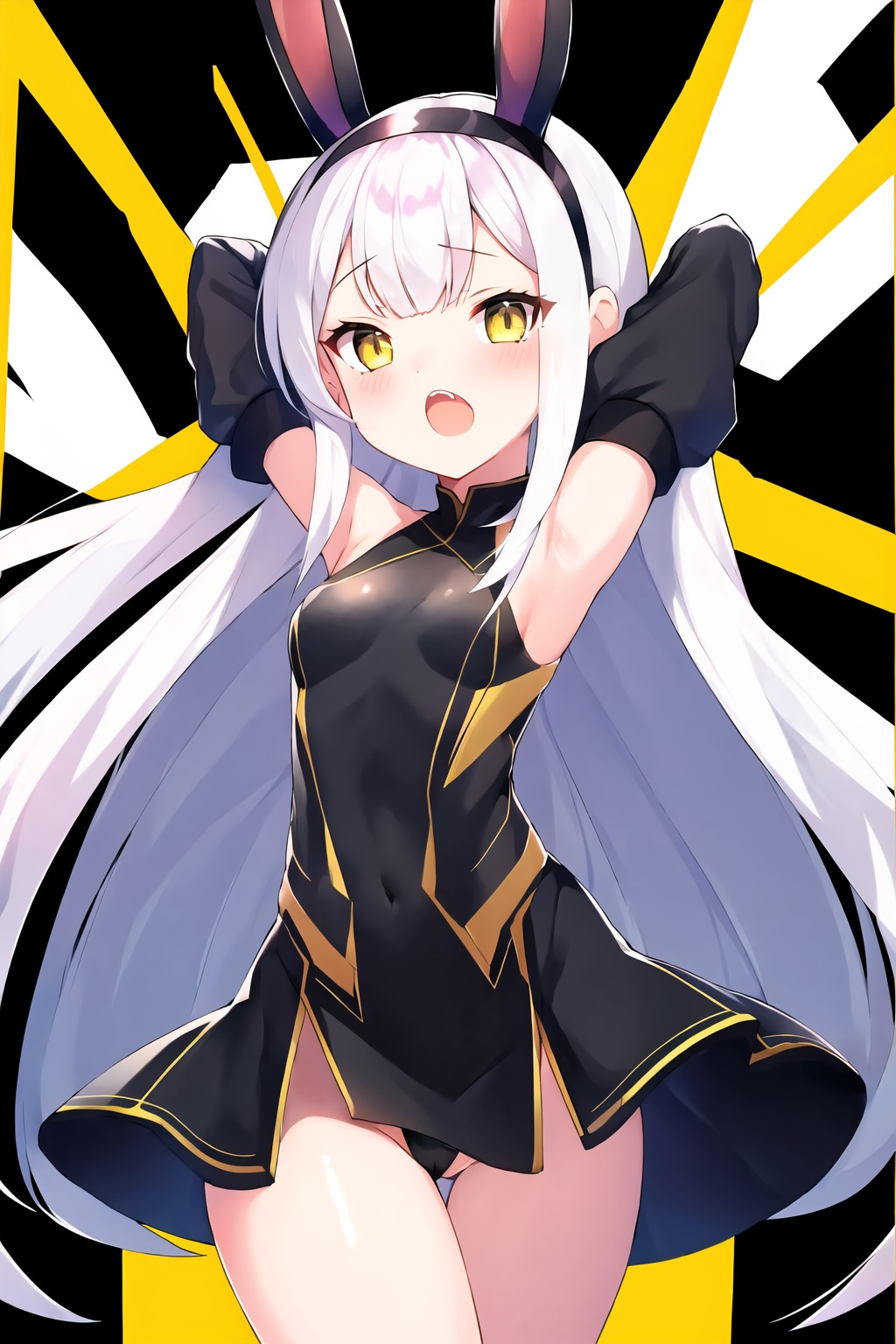 1girl, solo, animal ears, rabbit ears, long hair, breasts, hairband, armpits, open mouth, small breasts, arms up, white hair, very long hair, looking at viewer, upper teeth only, thigh gap, jacket, brown eyes, bangs, white background, black hairband, simple background, teeth, ass visible through thighs, black jacket, long sleeves, gradient background, covered navel, black skirt, gradient, skirt, arms behind head, blush, dress, yellow eyes, cowboy shot, detached sleeves