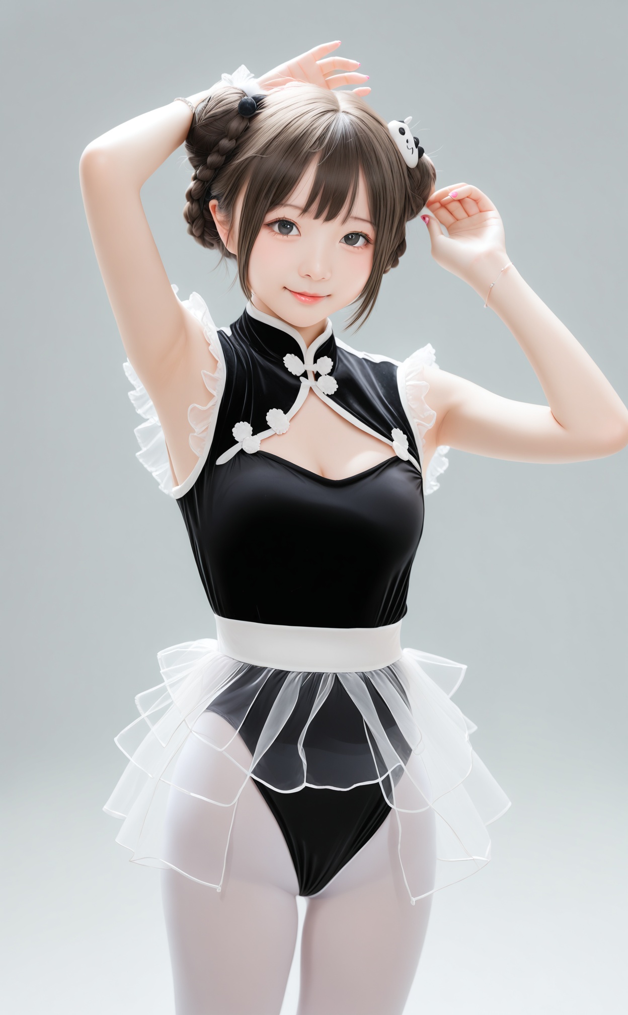masterpiece,best quality,high quality,1girl, solo, leotard, see-through skirt, brown hair, pantyhose, black leotard, looking at viewer, realistic, grey background, skirt, double bun, bracelet, arms up, breasts, asian, hair ornament, sleeveless, clothing cutout, hair bun, frills, jewelry, cleavage cutout, smile, white pantyhose, ballerina, small breasts, cowboy shot, short hair, armpits, closed mouth, black eyes, standing, simple background, frilled skirt, gradient background, highleg, cleavage, ballet, see-through, highleg leotard, leotard under clothes, bare arms, white skirt, lips, pink nails, hands on own head, nose, frilled leotard, sleeveless shirt