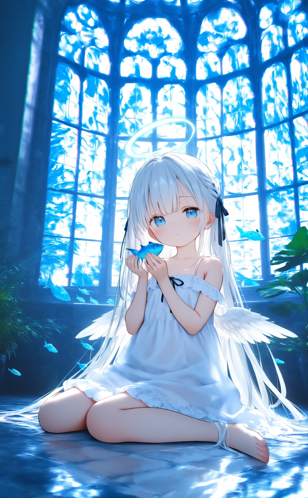 masterpiece,best quality,high quality,loli,chromatic_aberration,Blue Theme,//,1girl, dress, flower, long hair, solo, white dress, window, wings, plant, indoors, fish, white hair, sitting, looking at viewer, bangs, water, holding, ribbon, white flower, angel wings, hair ribbon, tiles, sunlight, bare shoulders//,year_2023,year_2024,//,official art,depth of field,detailed light,blurry background,cinematic lighting,ray tracing,ultra detailed,god rays,backlighting,photo background,film grain,chromatic aberration,volumetric lighting,depth of field,blurry background,cinematic lighting,very aesthetic,