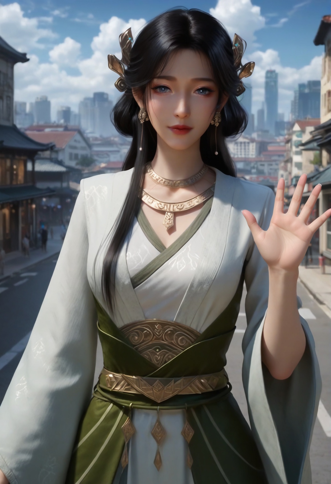 (score_9),<lora:梅凝1-Apony:0.85>,mn,(mature_female:1.1),solo,hair ornament,long hair,black hair,jewelry,earrings,necklace,robe,belt,long long sleeves,<lora:perfect eyes_v1:0.8>,front view,bright pupils,<lora:Expressive_H-000001:0.8>,(waving:1.1),(glamor:1.2),collarbone,pointy breasts,puffy breasts,large breasts,narrow waist,curvy,outdoors,street,blue sky,blur background,building,city,cloud,cloudy sky,day,depth of field,(white_skin:1.1),(fair_skin:1.1),