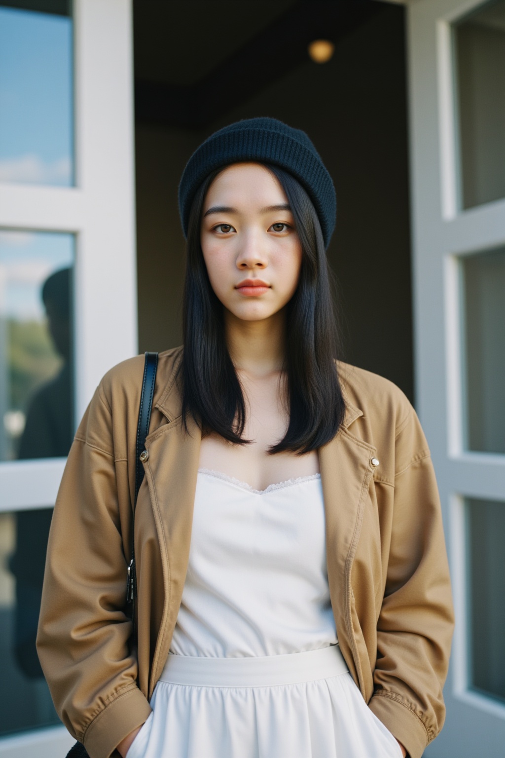 Fuji camera filter,Film photography,Color Film,Fujifilm Fujicolor 400H,film photo,Polaroid style,1girl,solo,black hair,long hair,realistic,hat,skirt,looking at viewer,door,bag,hands in pockets,jacket,black headwear,long skirt,standing,white skirt,shirt,lips,brown jacket,white shirt,open clothes,coat,outdoors,asian,handbag,brown coat,red lips,shoulder bag,long sleeves,closed mouth,building,brown eyes,open jacket,window,indoors,day,mole,beanie,breasts,jewelry,lipstick,beret,expressionless,open door,green eyes,mole under eye,feet out of frame,
